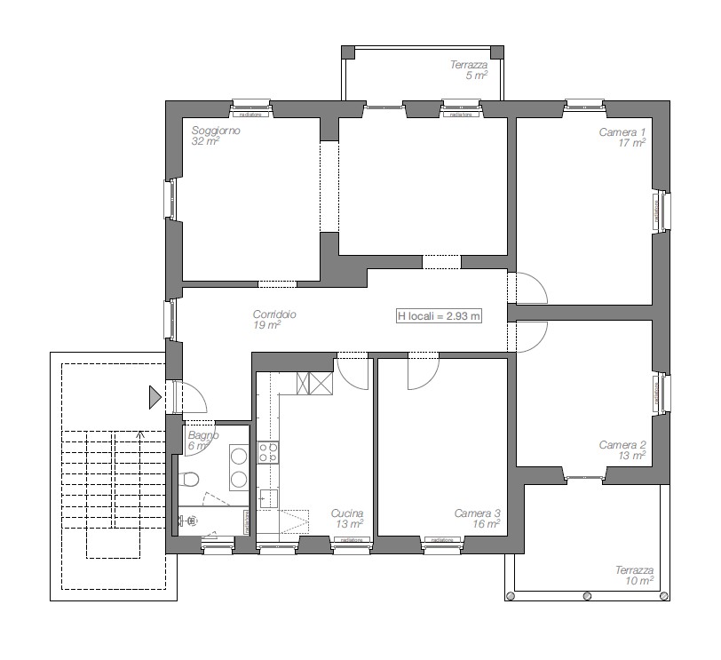 Grundriss einer Wohnung mit Terrassen