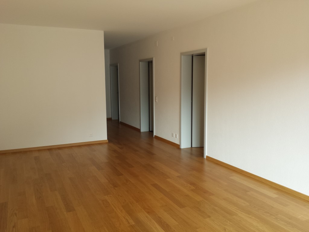 Leerer, modern wirkender Wohnraum mit Holzboden und mehreren Türöffnungen