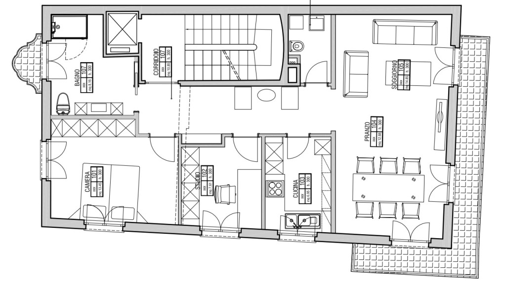 Grundriss eines Wohnbereichs mit Terrasse