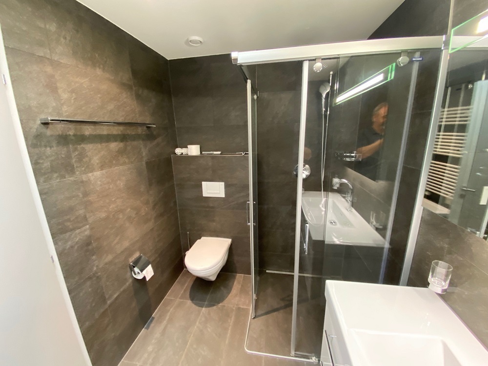 Modernes Bad mit begehbarer Dusche und WC