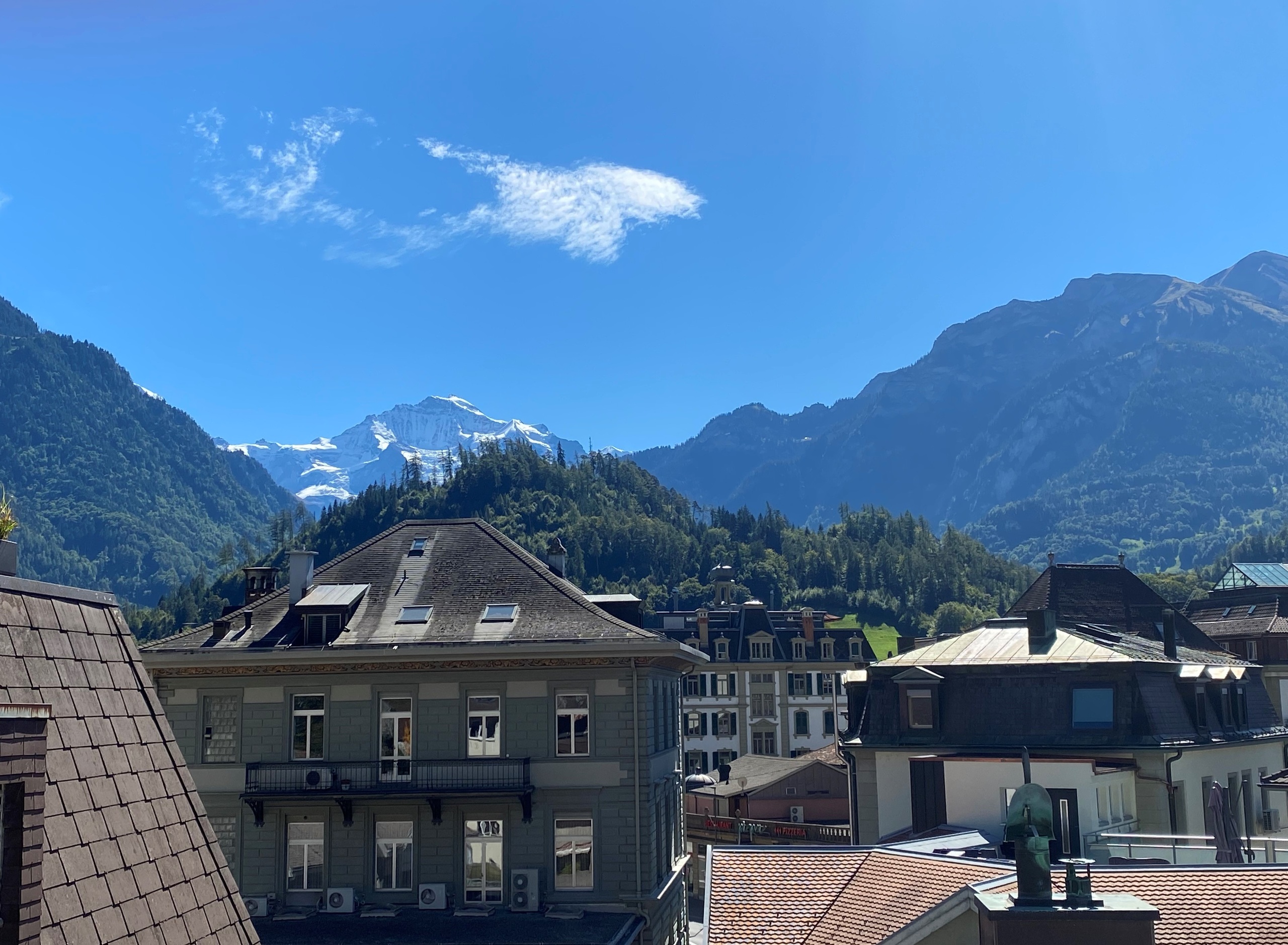 Alpenstadt mit Bergpanorama