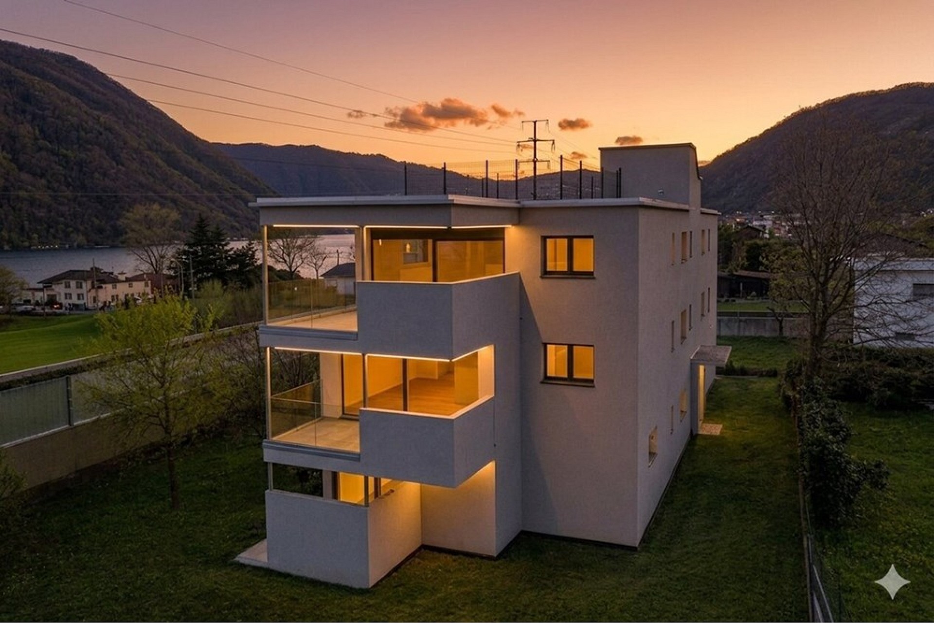 Modernes Haus mit Seeblick bei Sonnenuntergang