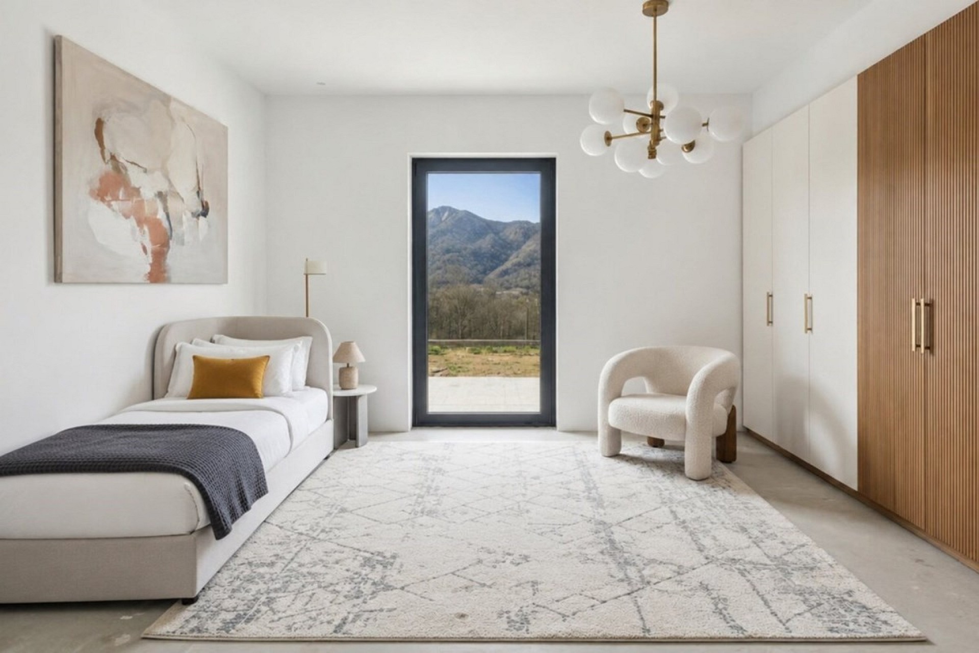 Modernes Schlafzimmer mit Bergblick