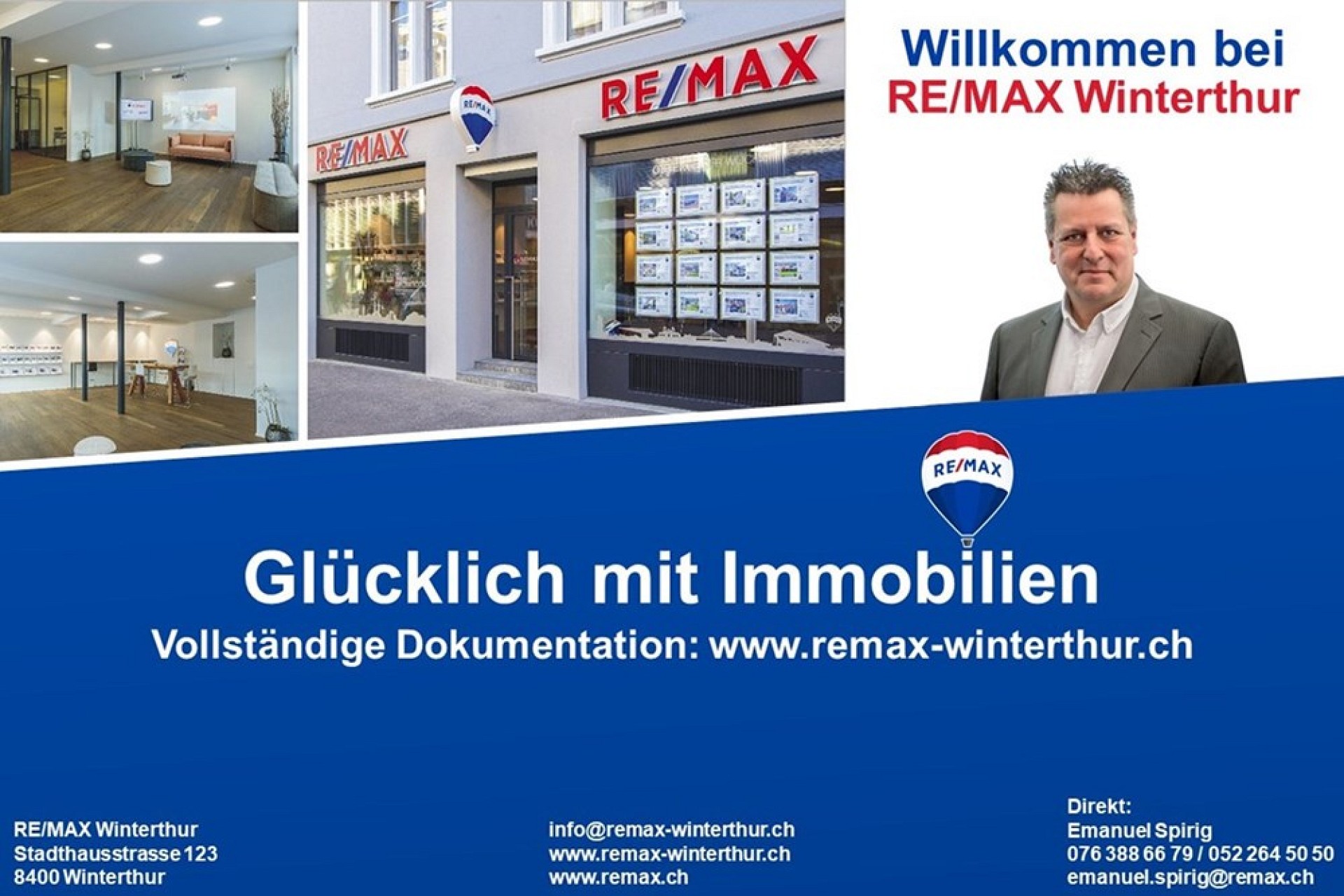 Re/Max-Werbegrafik mit Immobilienbüro und Innenraumbeispielen