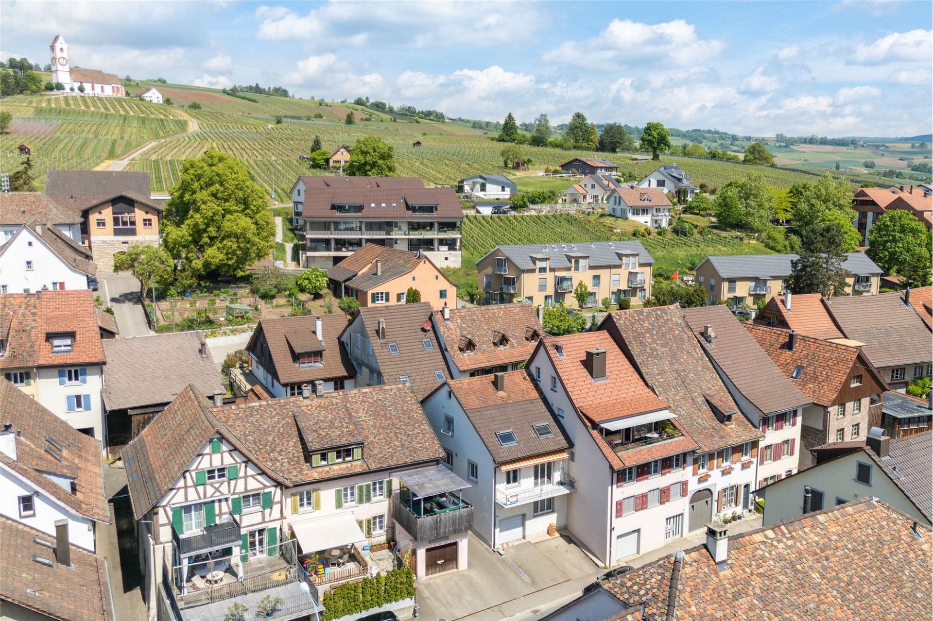 Luftaufnahme eines Weinorts mit Häusern und Weinbergen