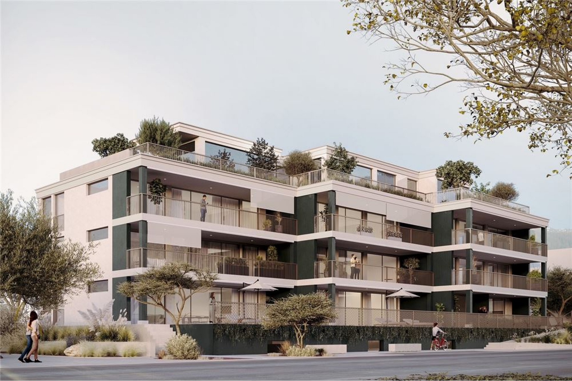 Moderne Wohnanlage mit Terrassen und Begrünung