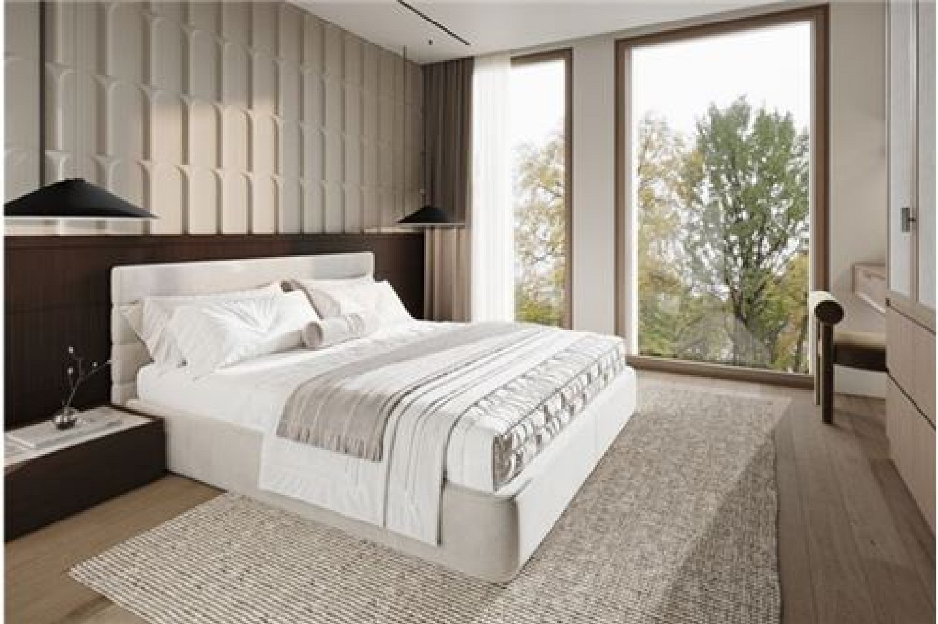 Modernes Schlafzimmer mit großem Fensterblick