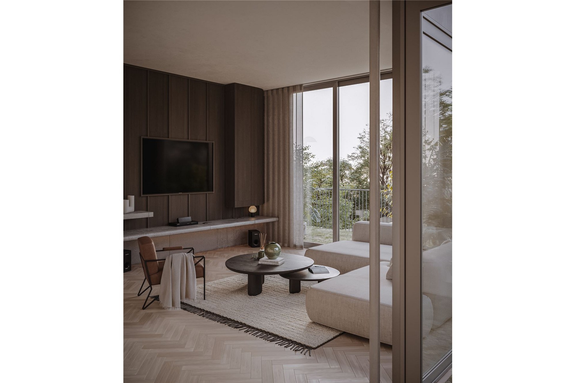 Modernes, stilvoll inszeniertes Wohnzimmer mit Panoramafenster