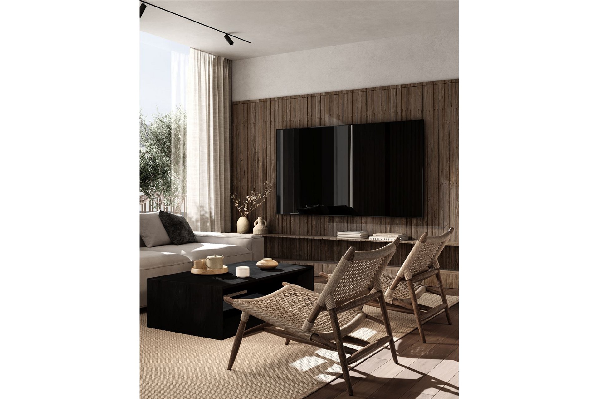 Modernes, lichtdurchflutetes Wohnzimmer mit Naturmaterialien