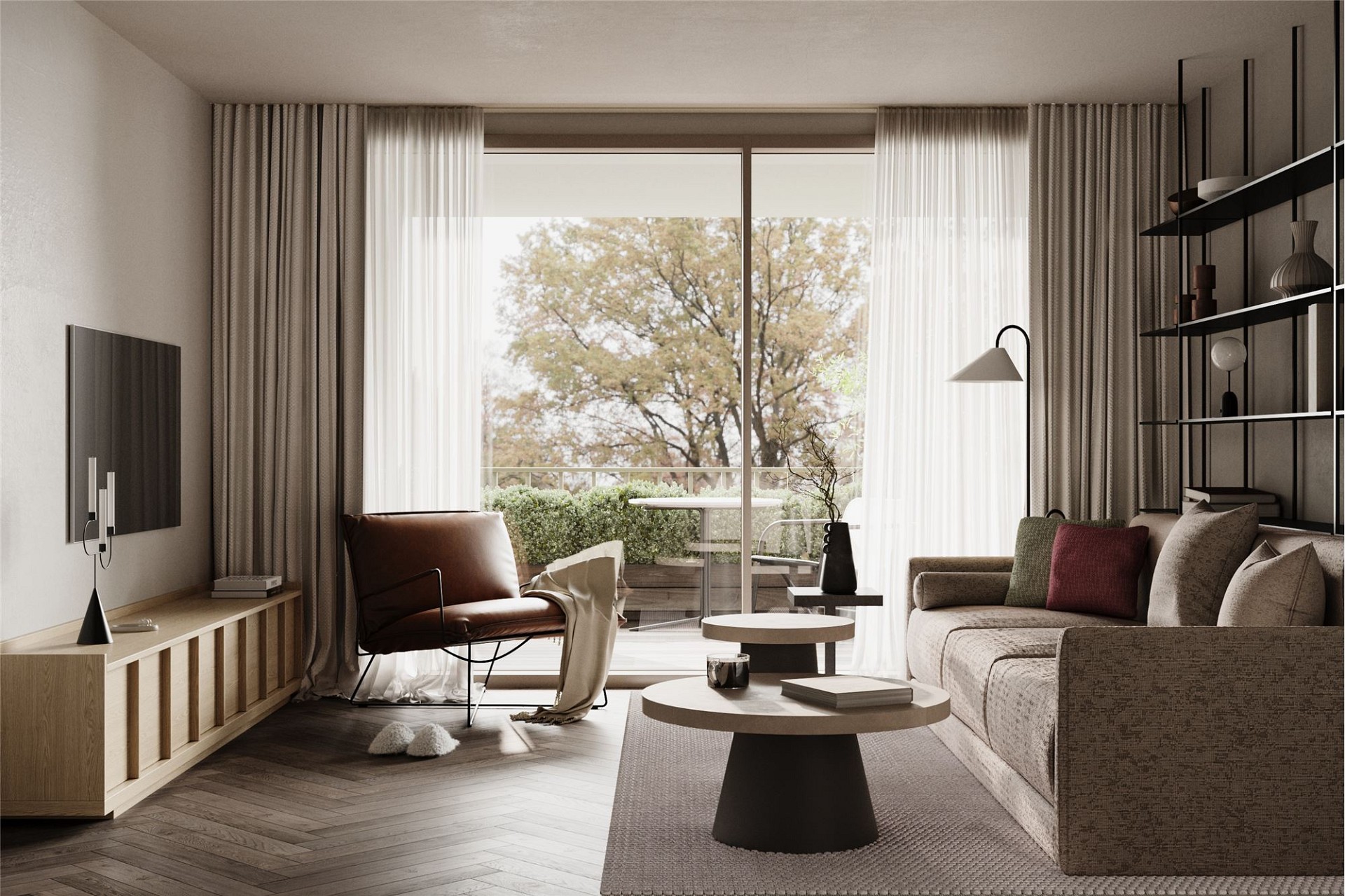 Modernes Wohnzimmer mit Balkonblick