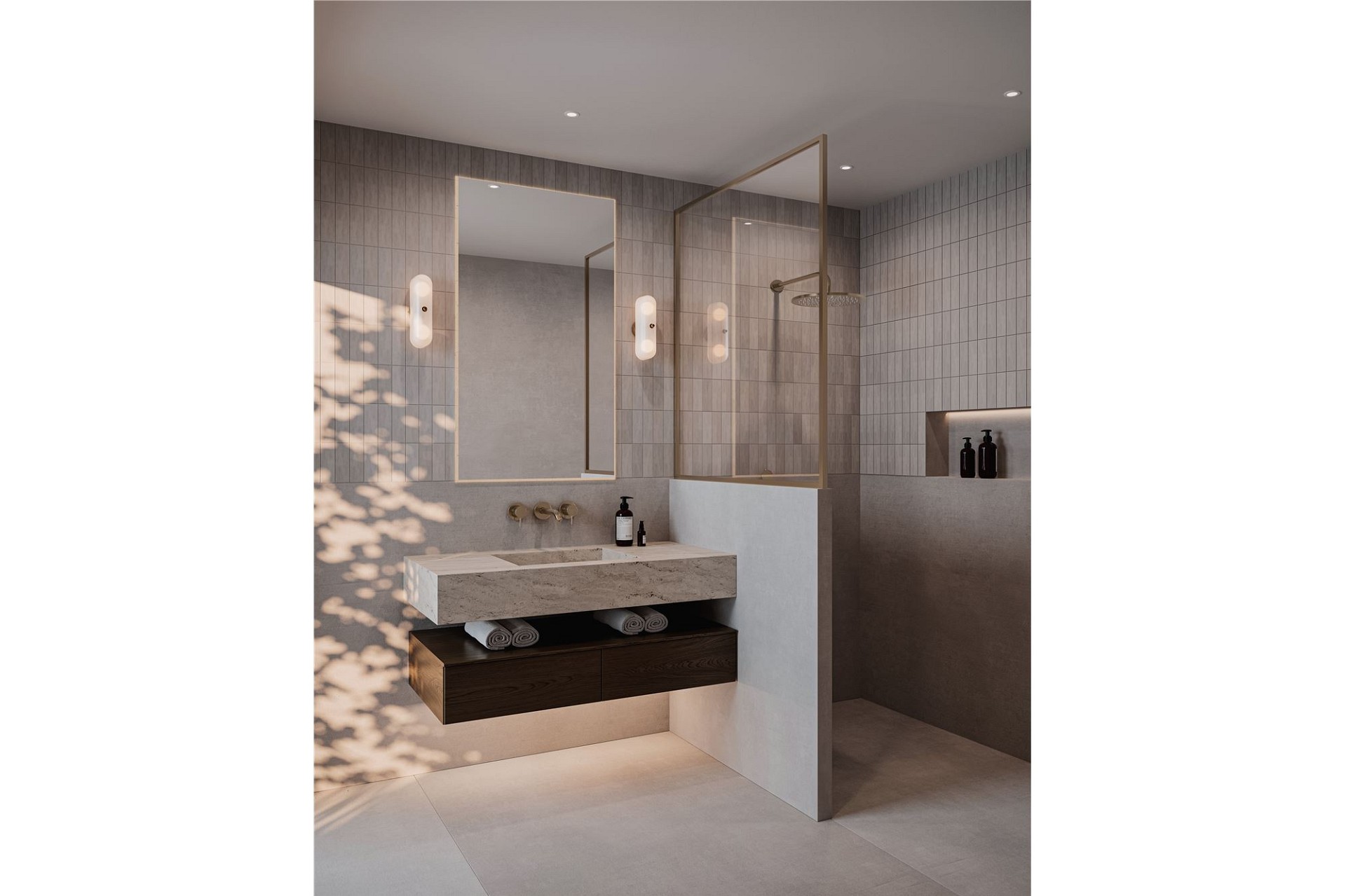 Modernes Bad mit Walk-in-Dusche und Natursteinwaschtisch