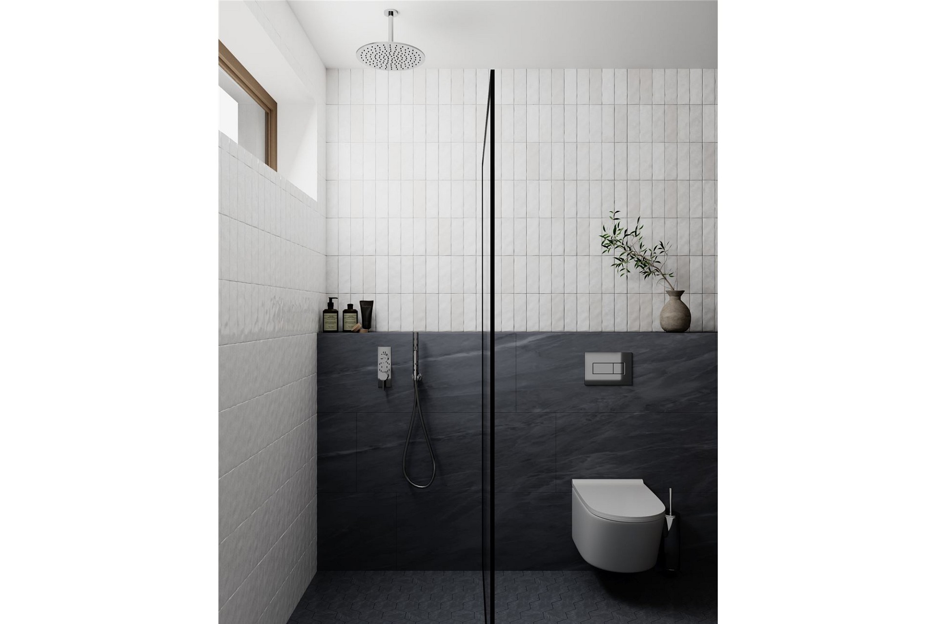 Modernes Badezimmer mit dunkler Dusche und WC