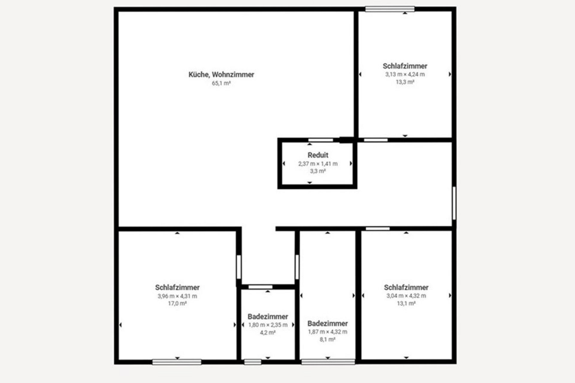Grundriss einer Wohnung mit drei Schlafzimmern, zwei Bädern und offenem Wohn-Küchenbereich.