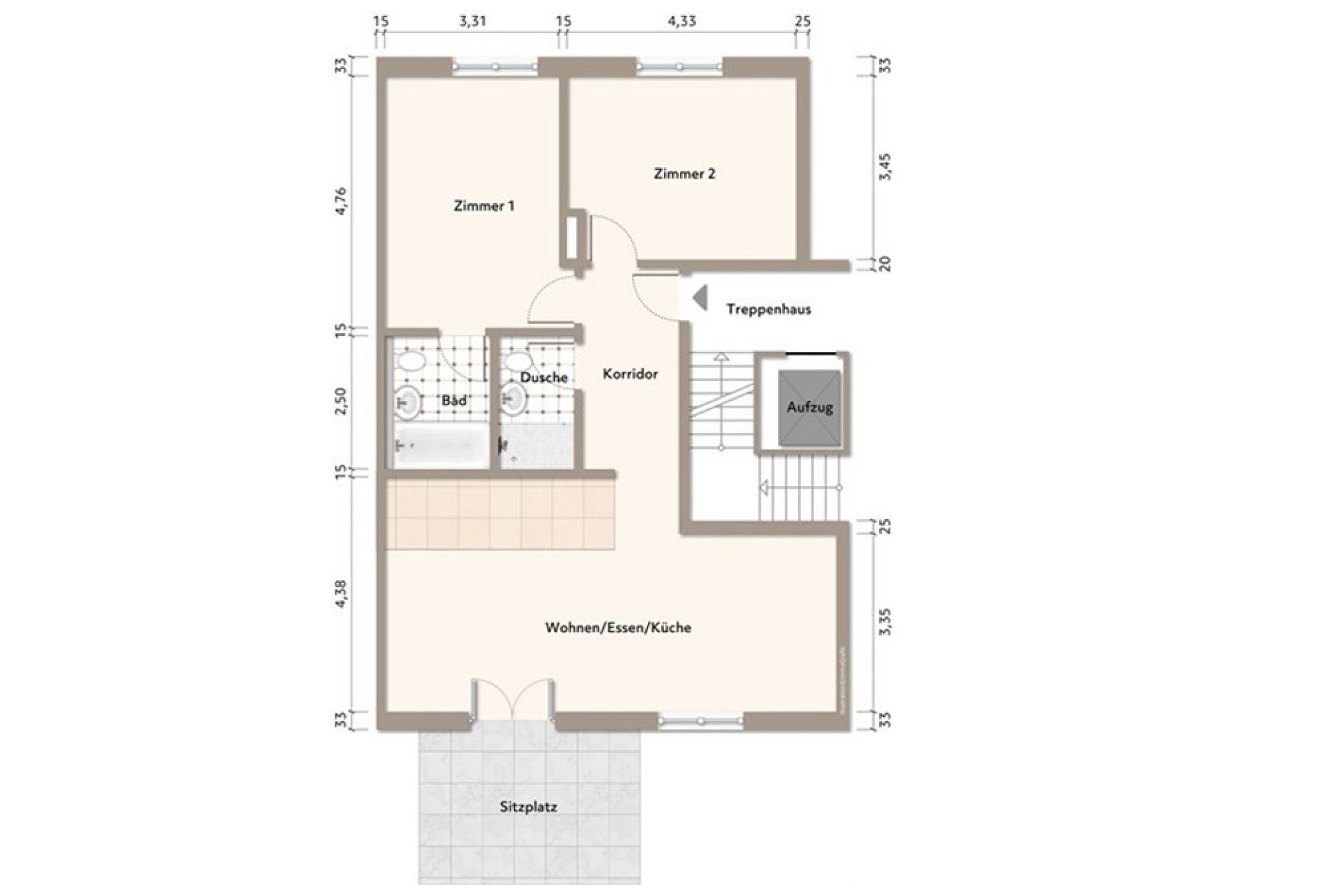 Grundriss mit Aufzug und Wohnbereich