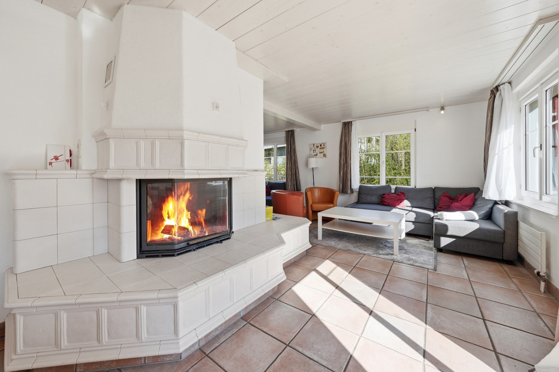 Heller Wohnraum mit Kamin und Sofa