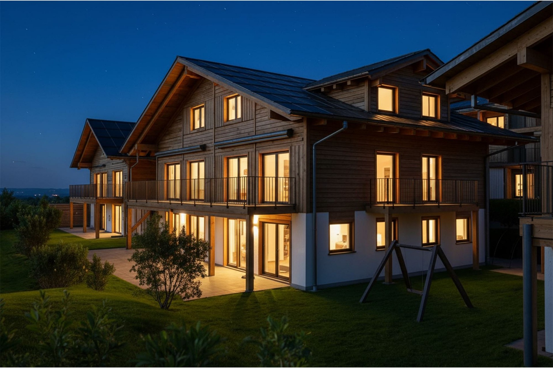 Modernes Holzhaus bei Nacht
