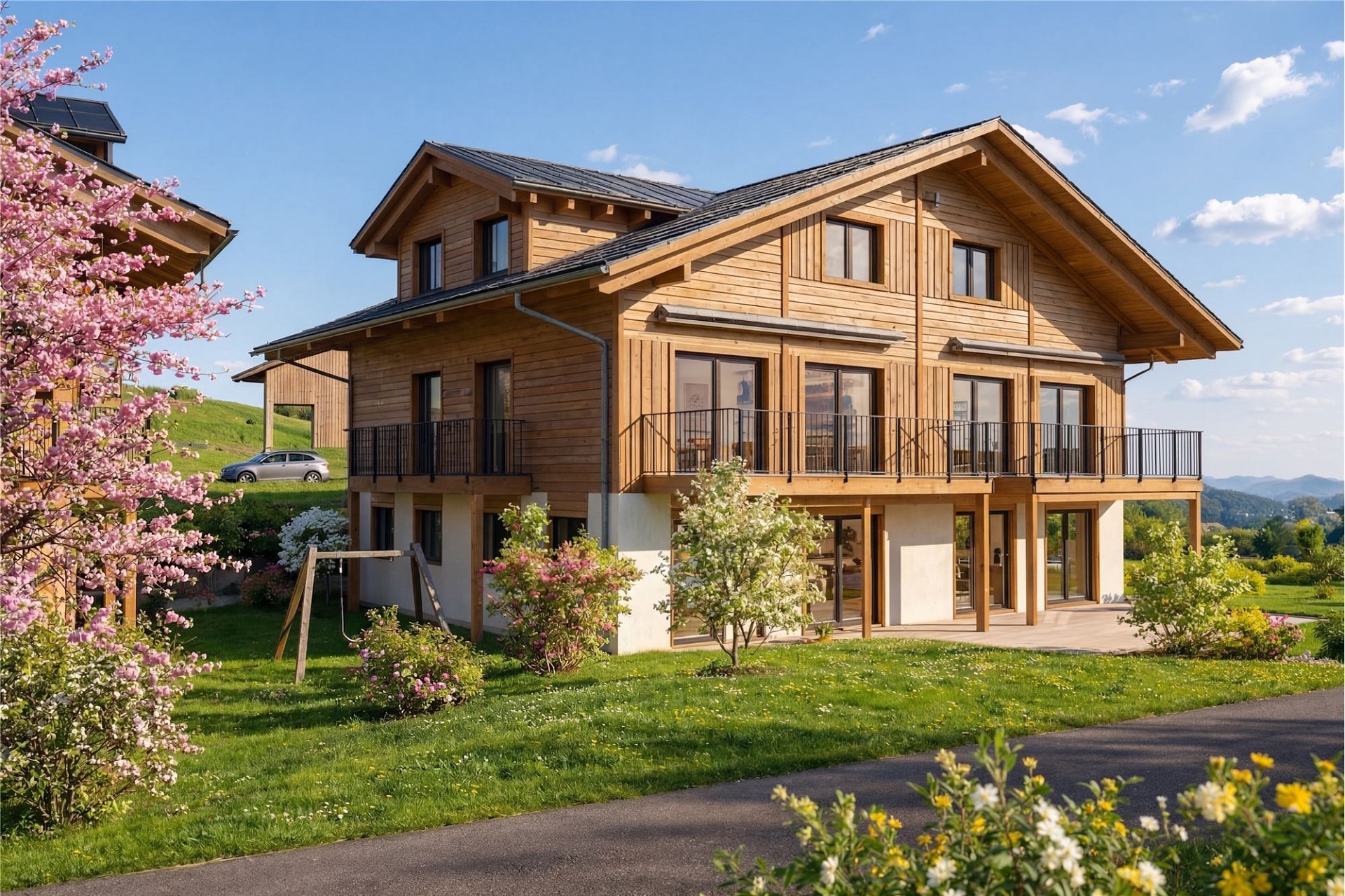 Holzhaus mit Bergblick und Garten