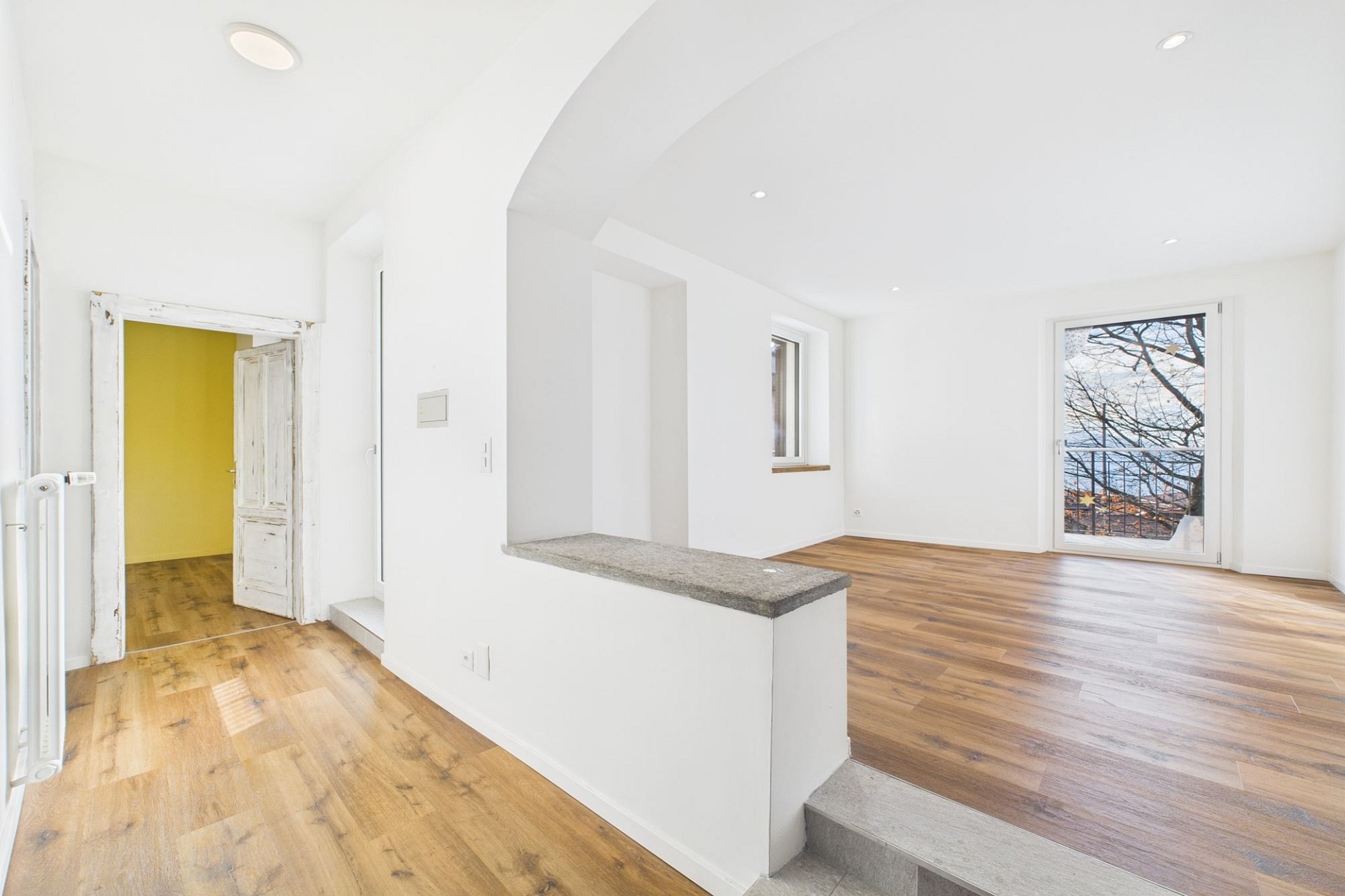 Helle, leerstehende Wohnfläche mit Holzfußboden und Balkonblick