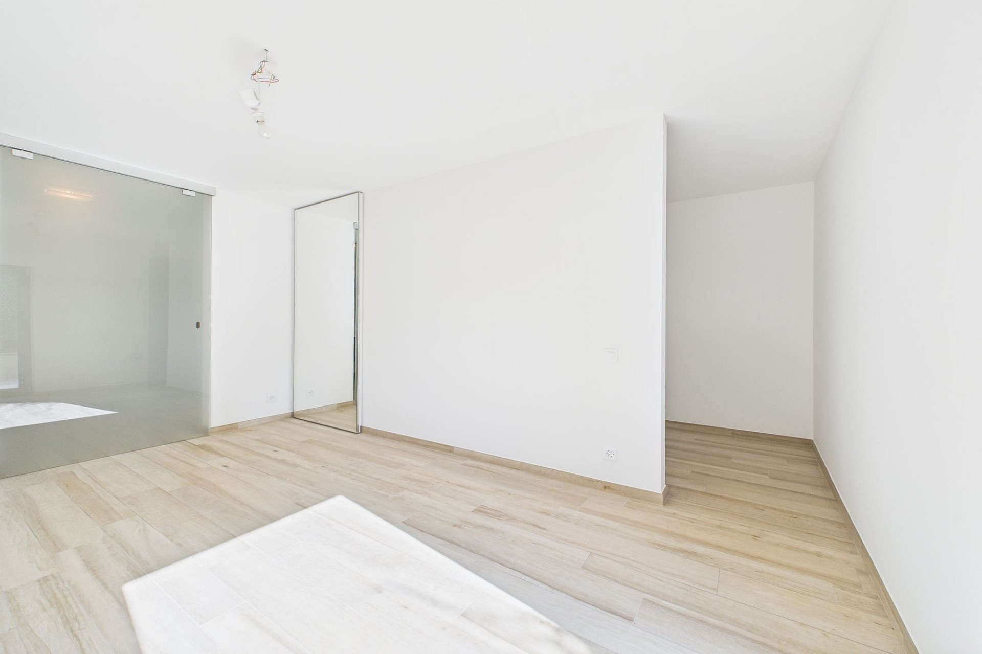 Heller, leerer Innenraum mit Holzoptikboden und großer Glastrennung