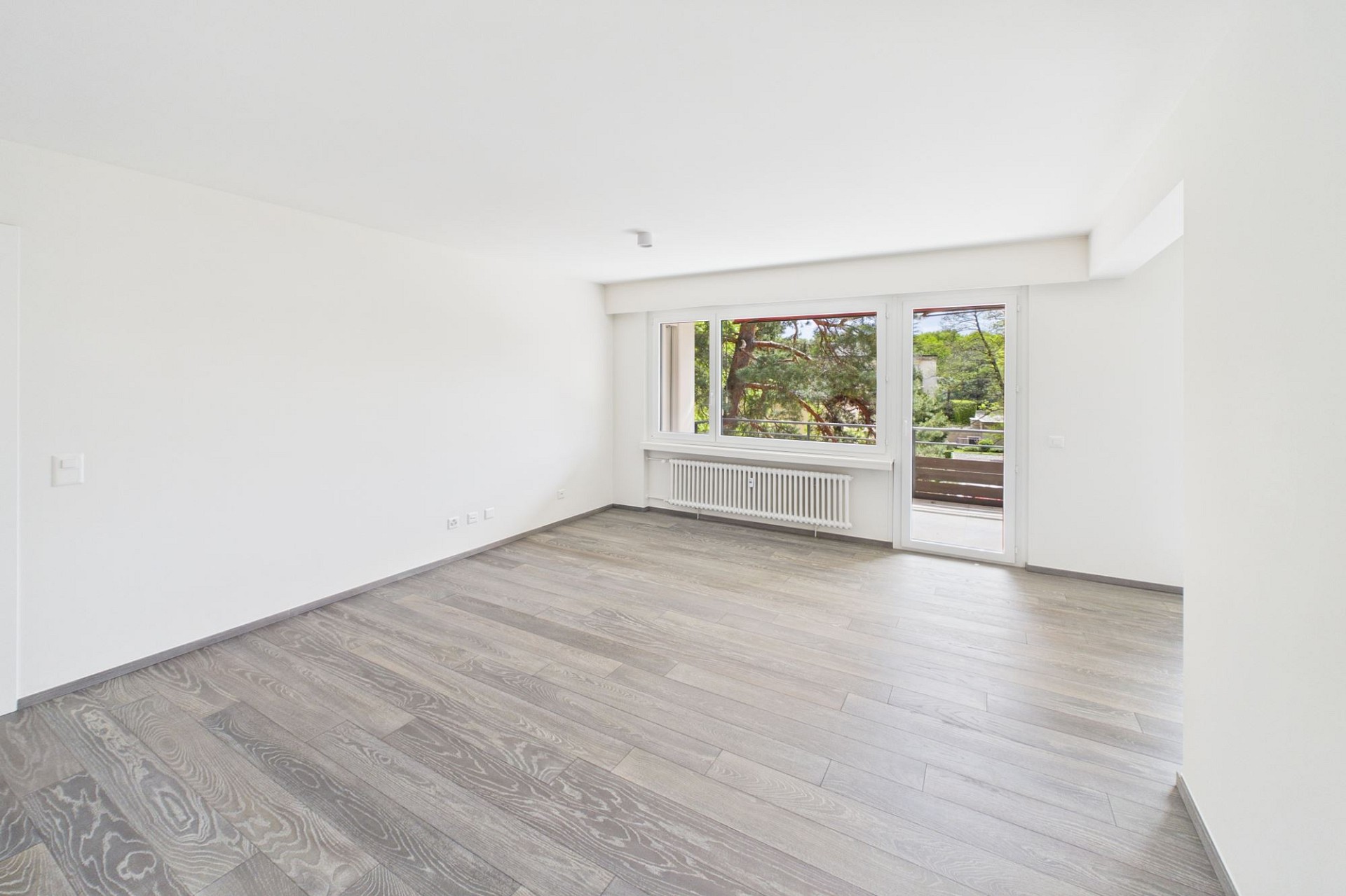 Heller leerer Wohnraum mit Balkon und Blick ins Grüne