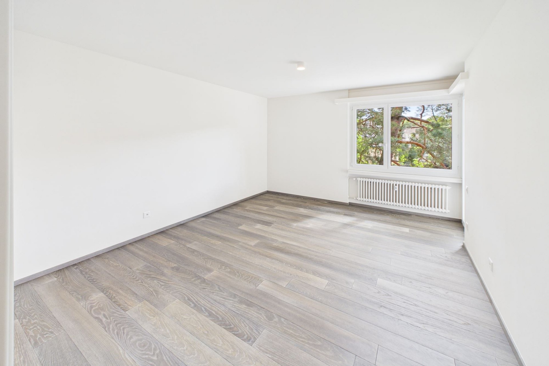 Heller leerer Raum mit Fenster und Holzoptikboden