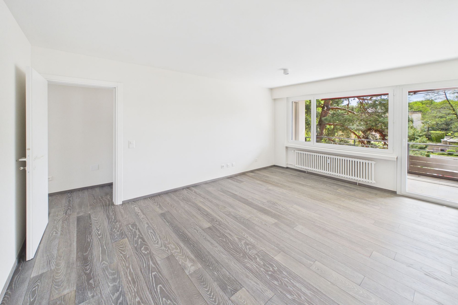 Heller leerer Wohnraum mit Balkonblick