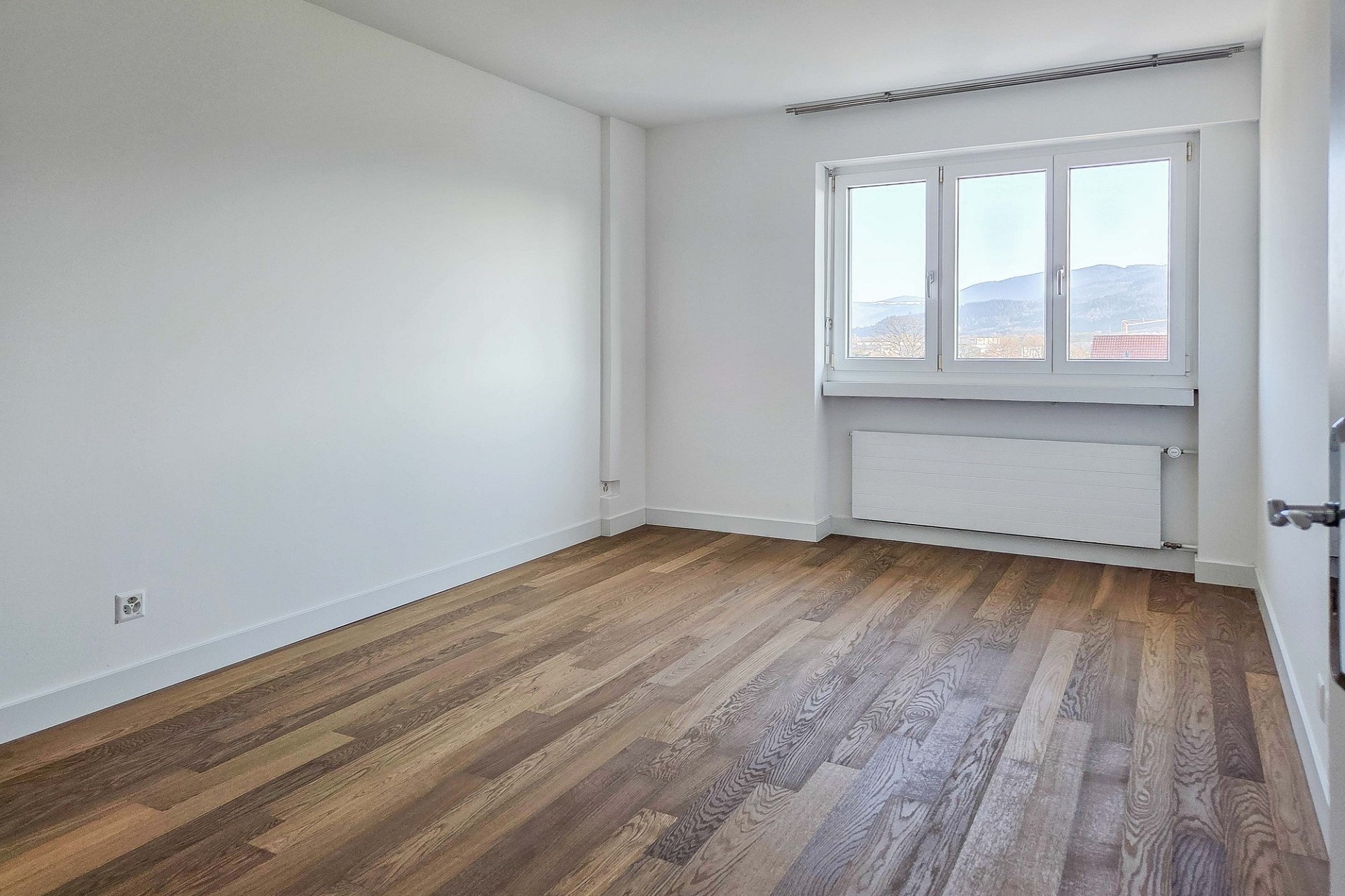 Leeres, helles Zimmer mit Parkett und Fensterblick