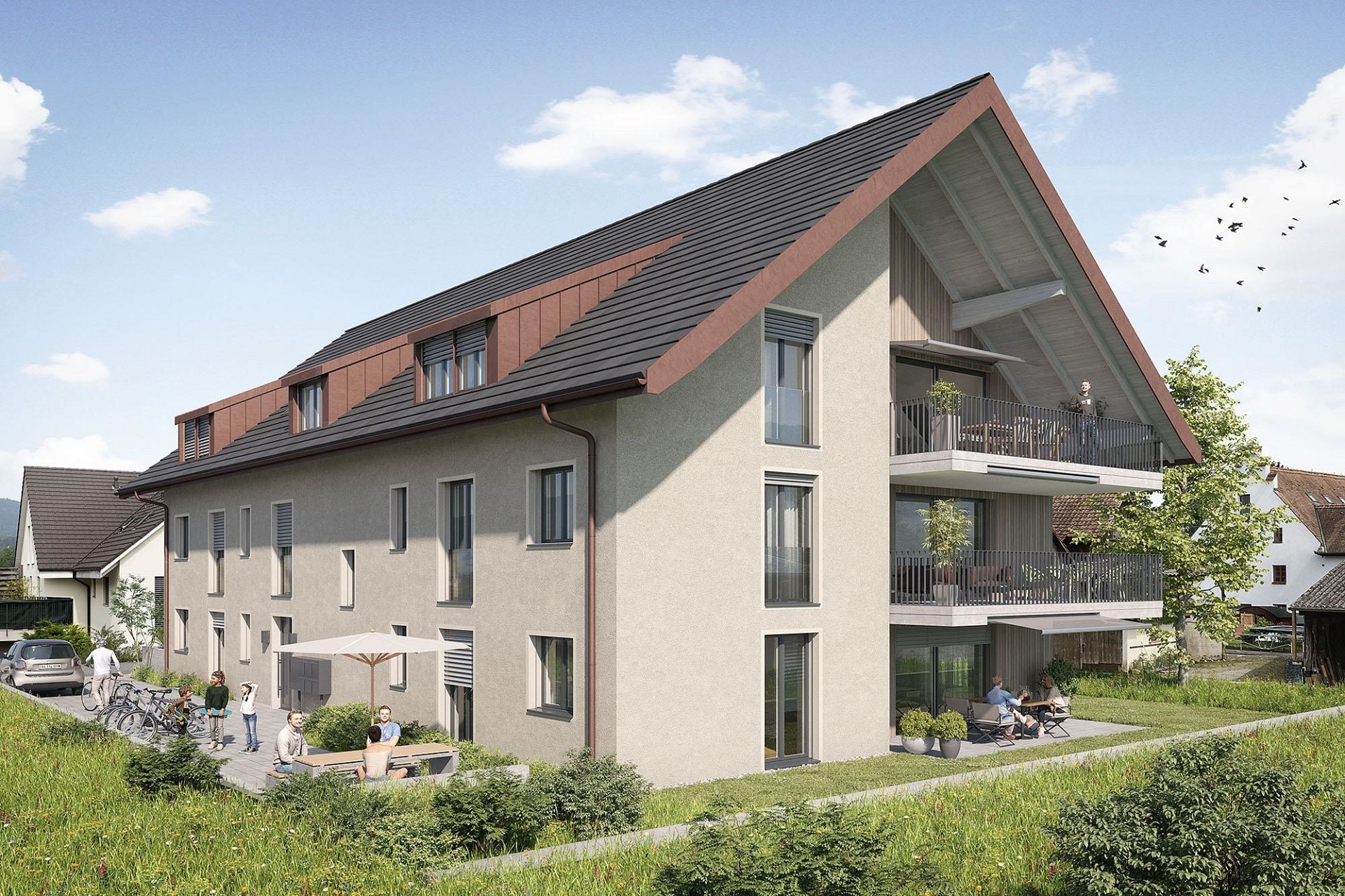 Modernes Mehrfamilienhaus mit Giebeldach und Balkonen