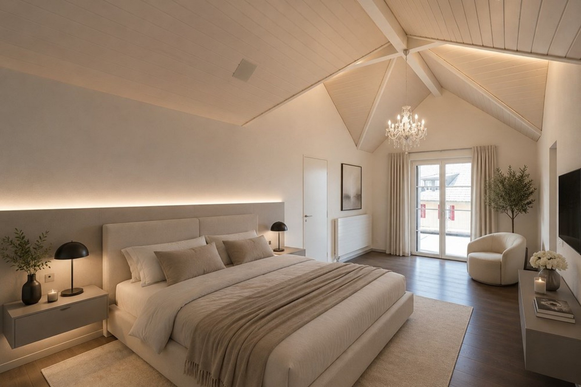 Helles, elegantes Schlafzimmer mit Dachschräge