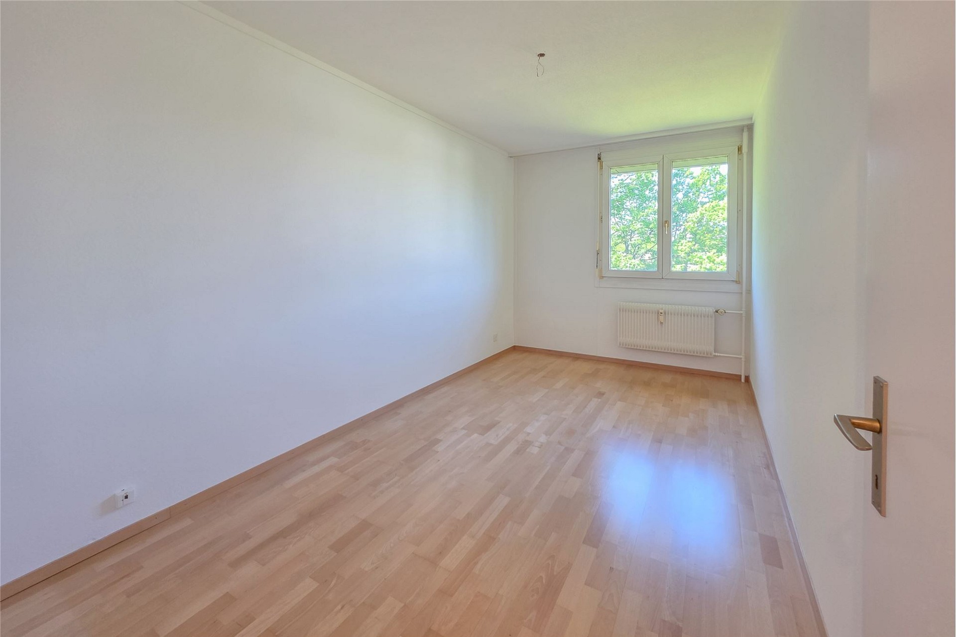 Helles, leeres Zimmer mit Parkett und Fenster