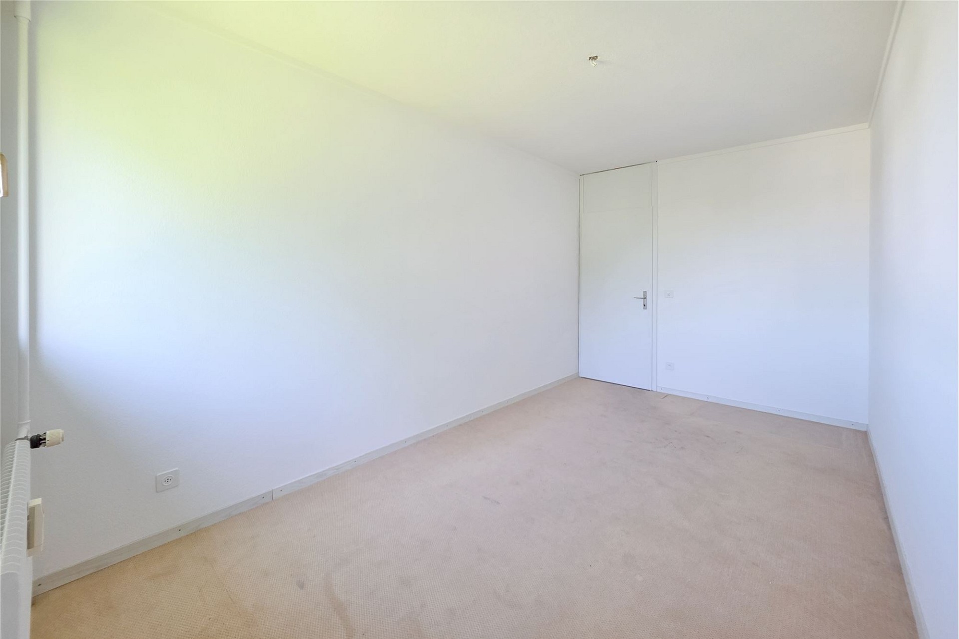Helles, leeres Zimmer mit Tür und Teppichboden