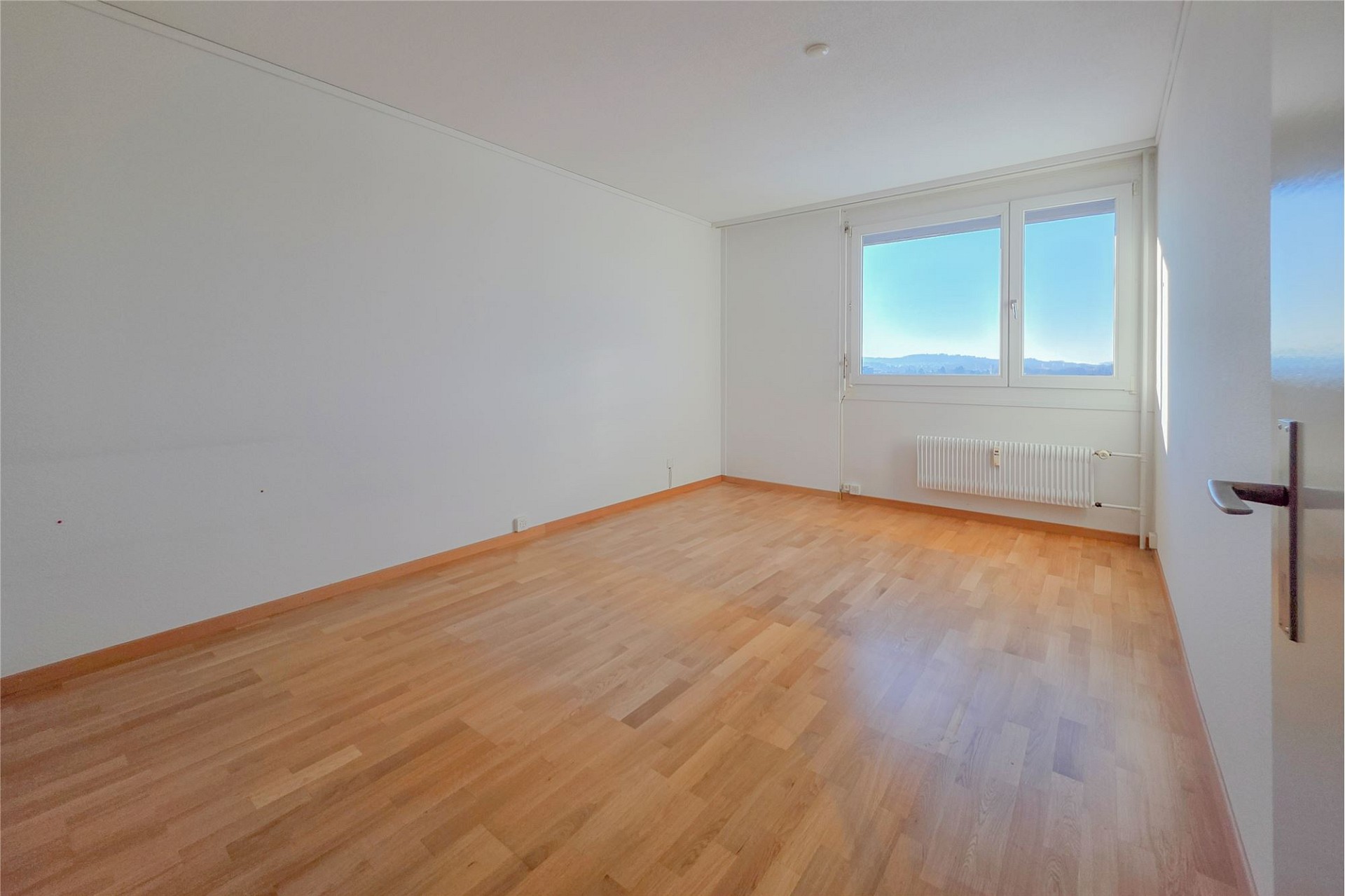 Helles, leeres Zimmer mit Parkett und Fensterblick