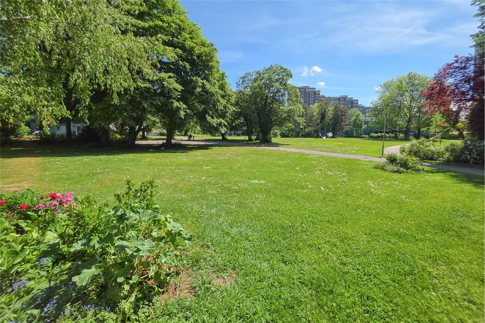 Parkähnliche Grünanlage mit Bäumen und Wiese