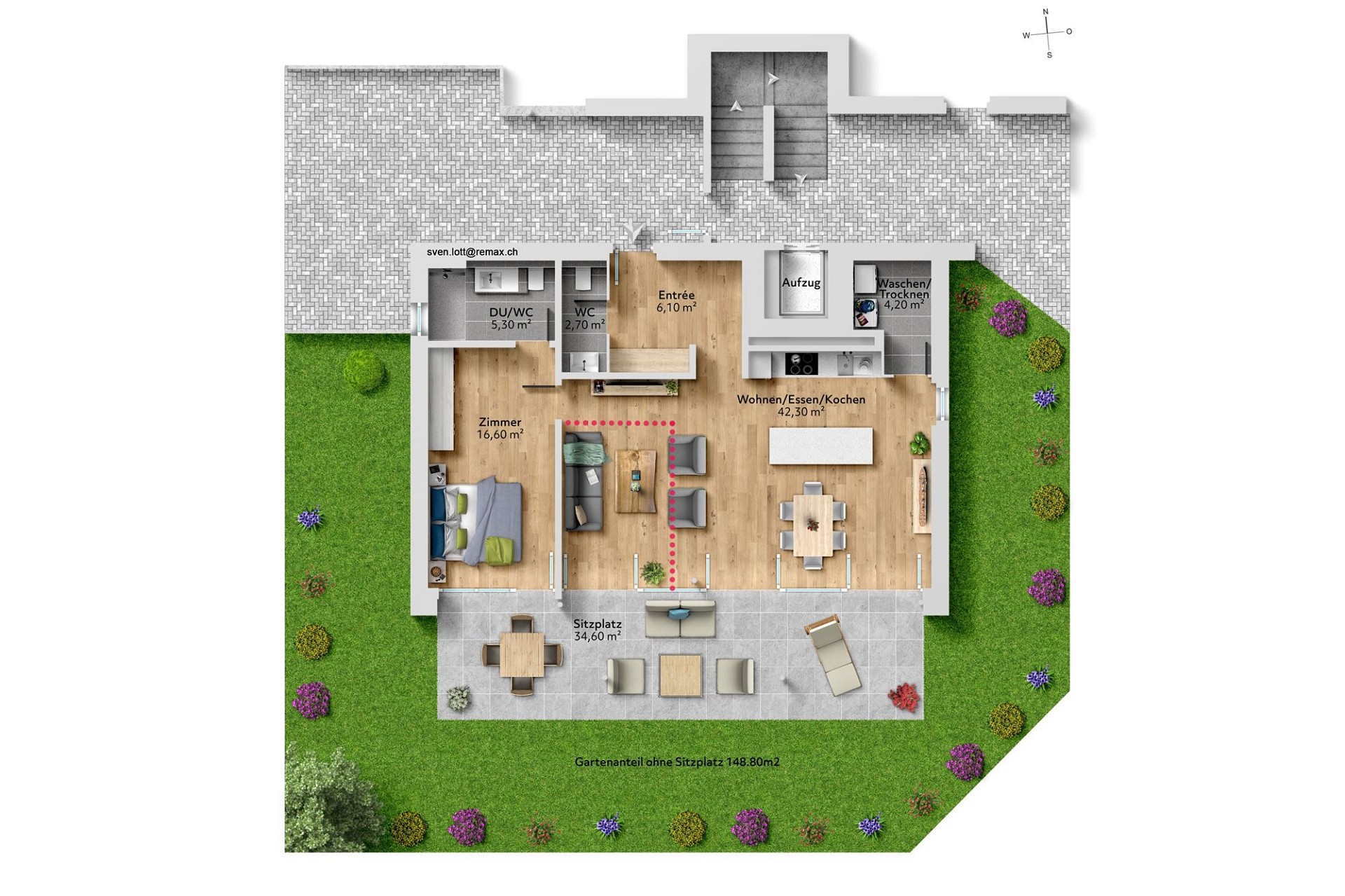 Grundriss mit Garten und Sitzplatz