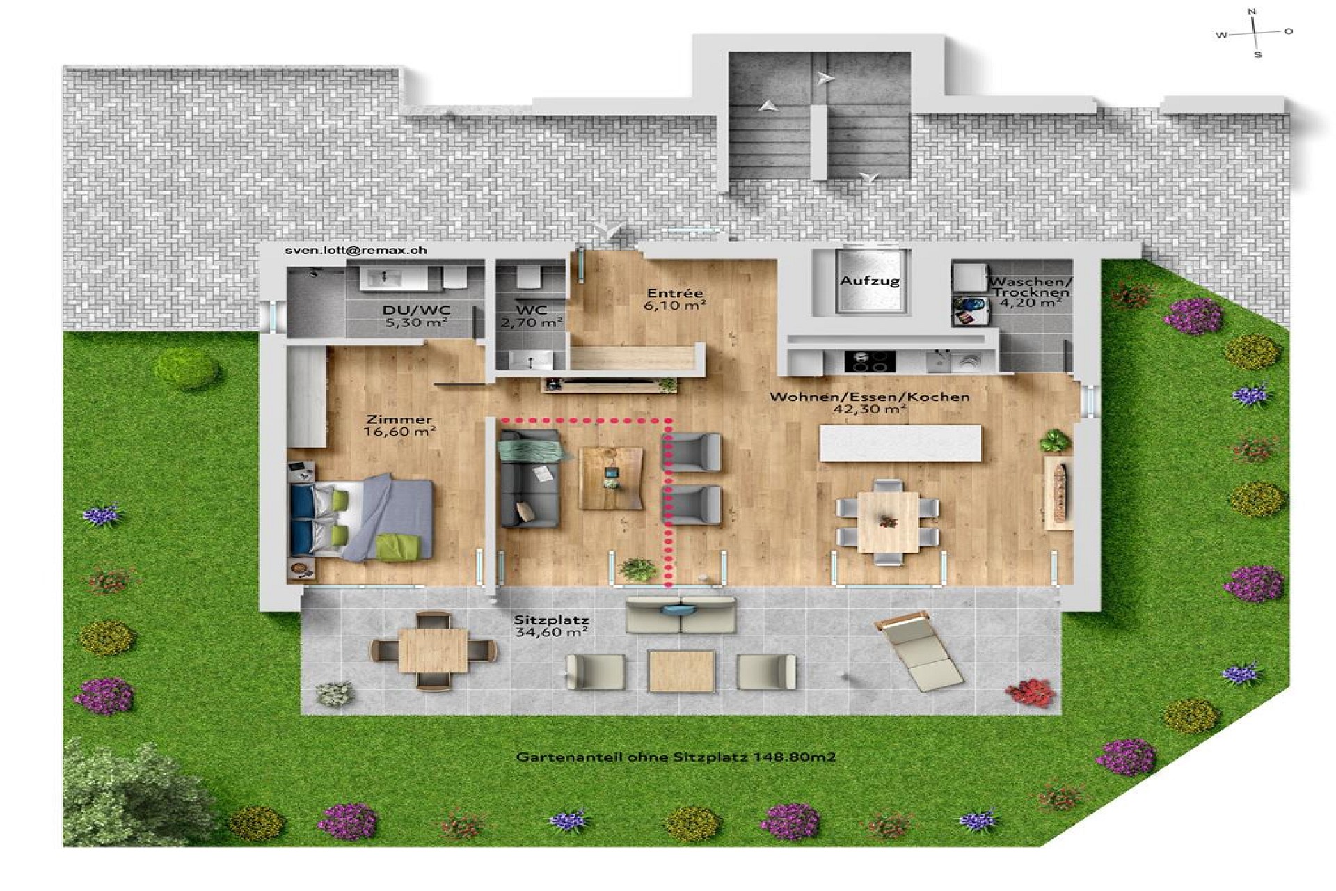 Grundriss mit Garten und Sitzplatz