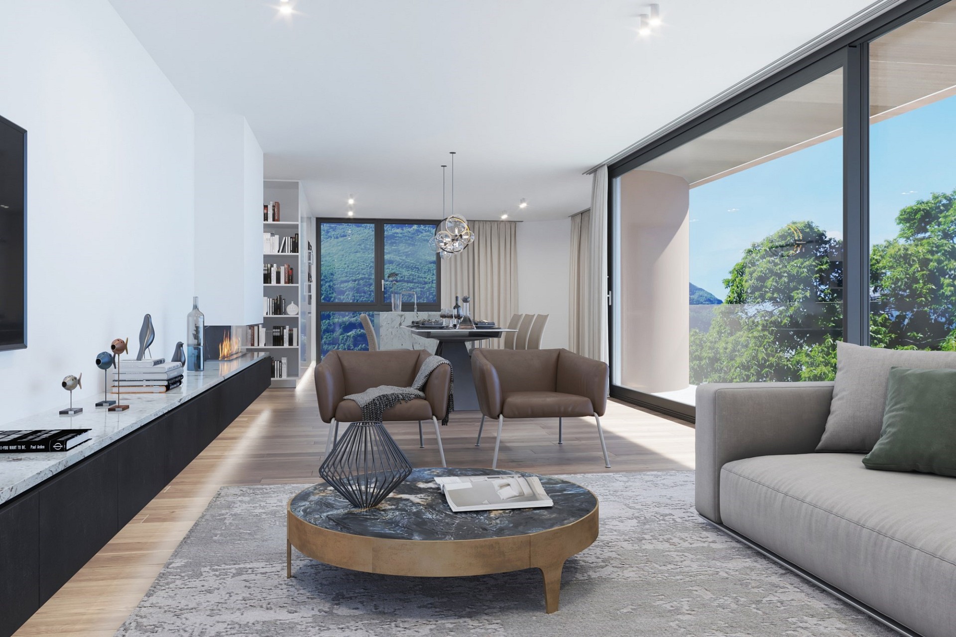 Modernes Wohnzimmer mit Essbereich und Panoramafenstern