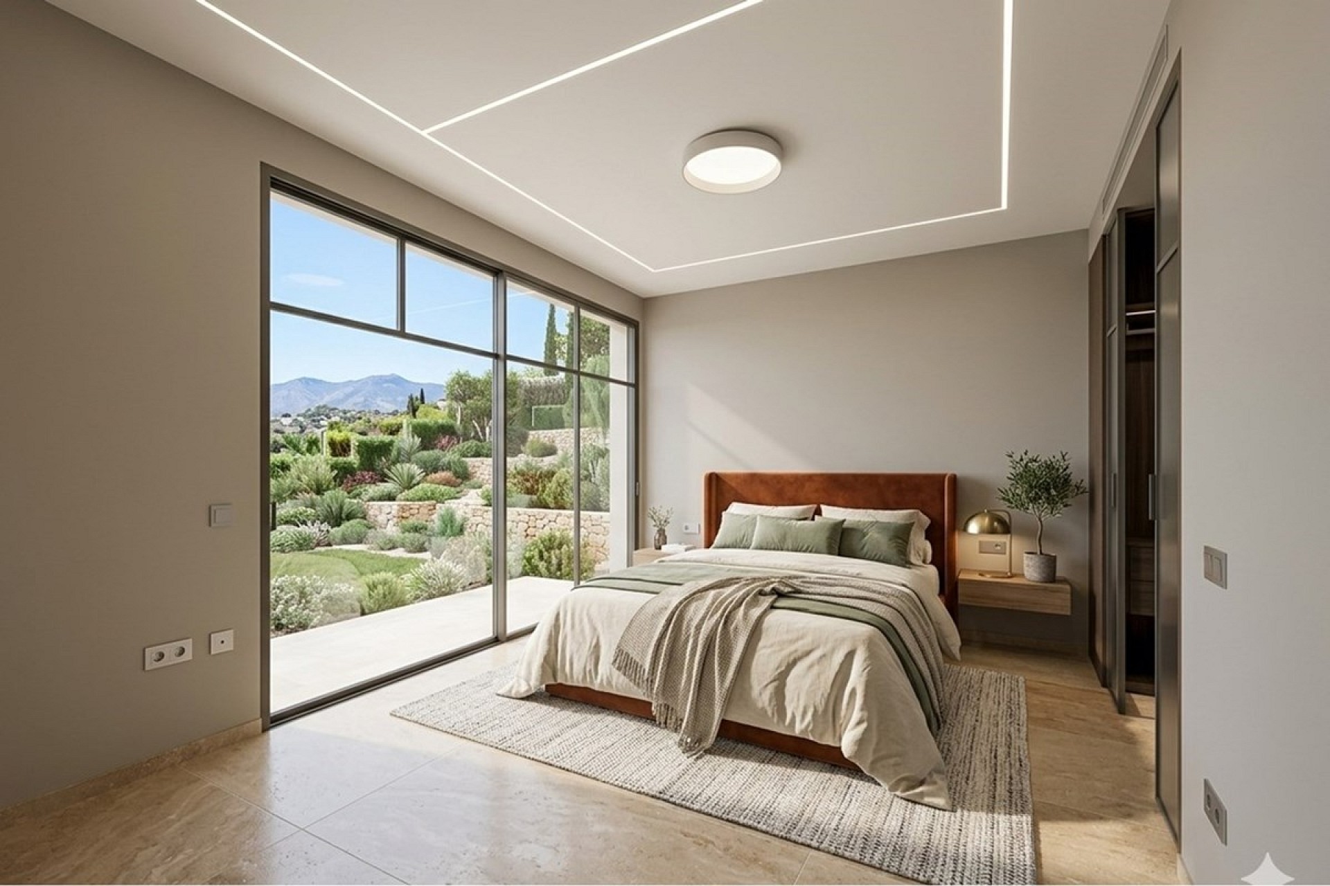 Modernes Schlafzimmer mit Panoramafenster