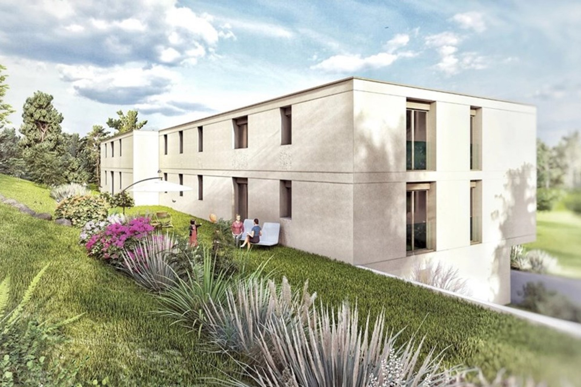 Modernes Mehrfamilienhaus im Hang mit Garten