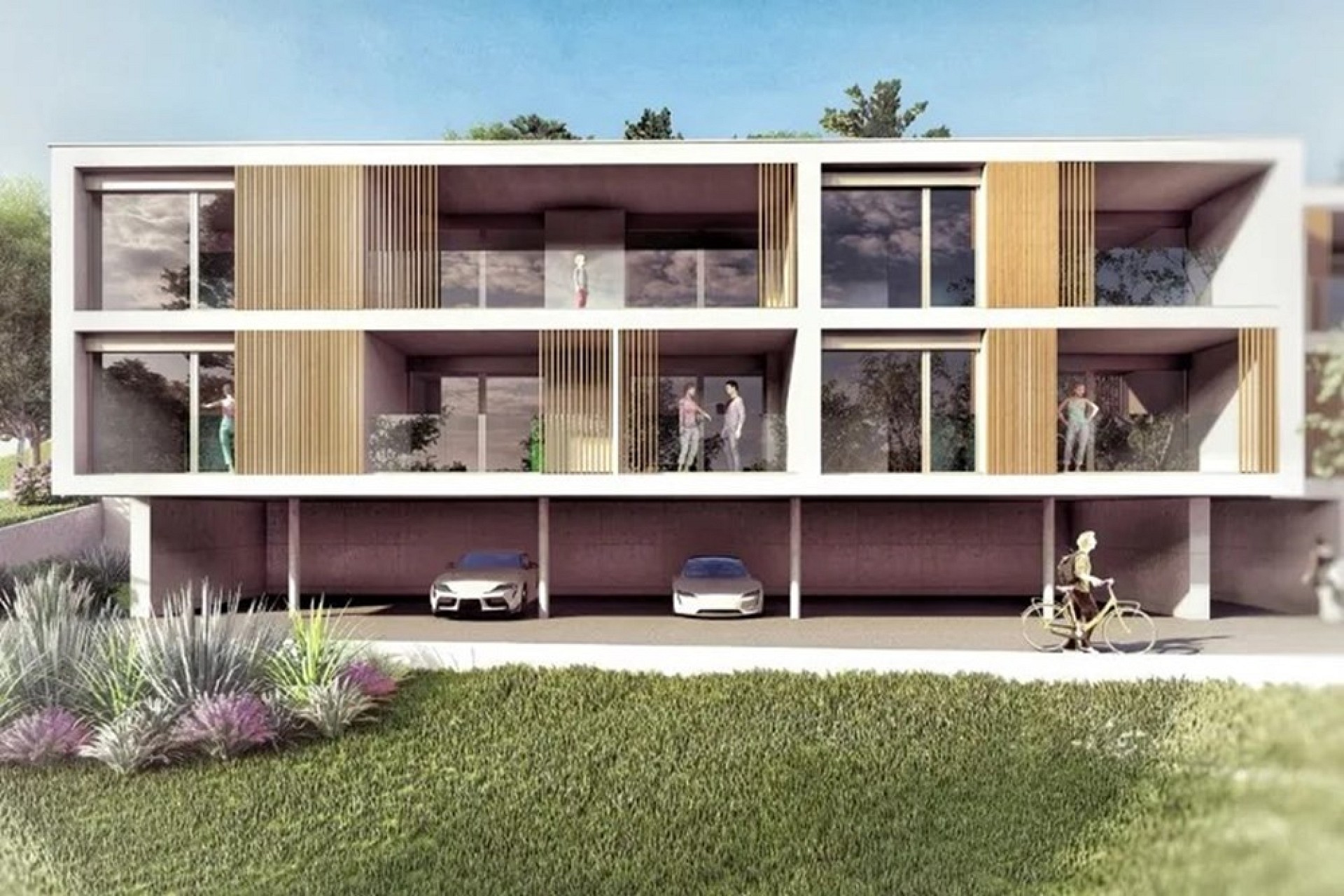 Modernes Wohngebäude mit Carport und Balkonen
