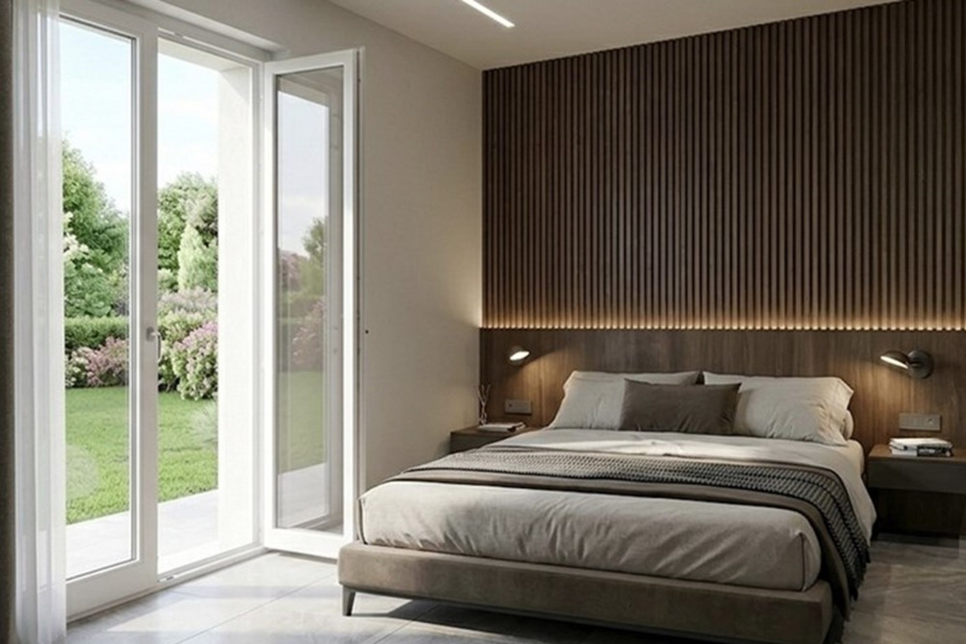 Modernes Schlafzimmer mit Gartenblick