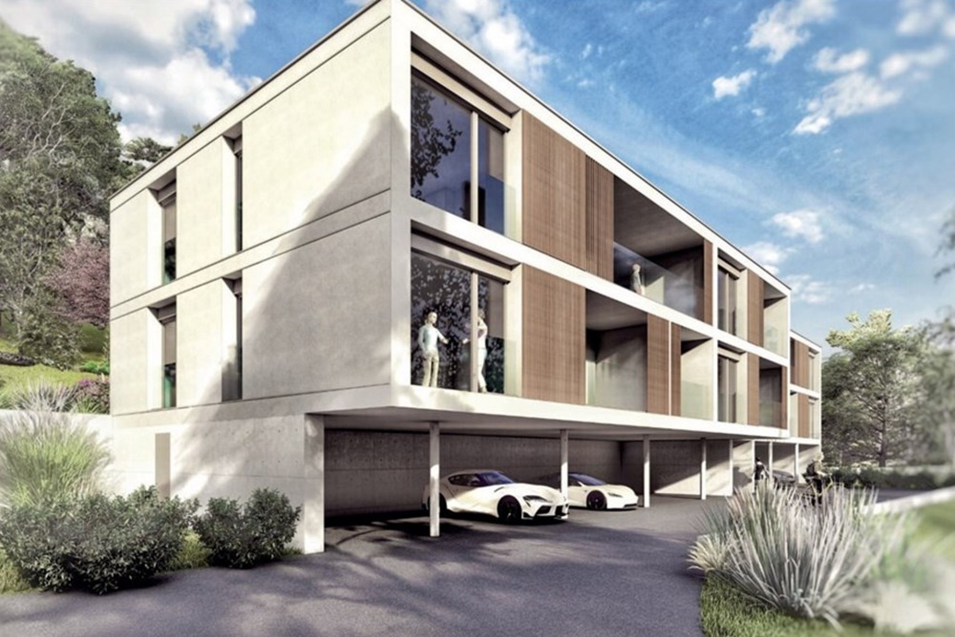 Moderne Architekturansicht eines Wohngebäudes mit Carport
