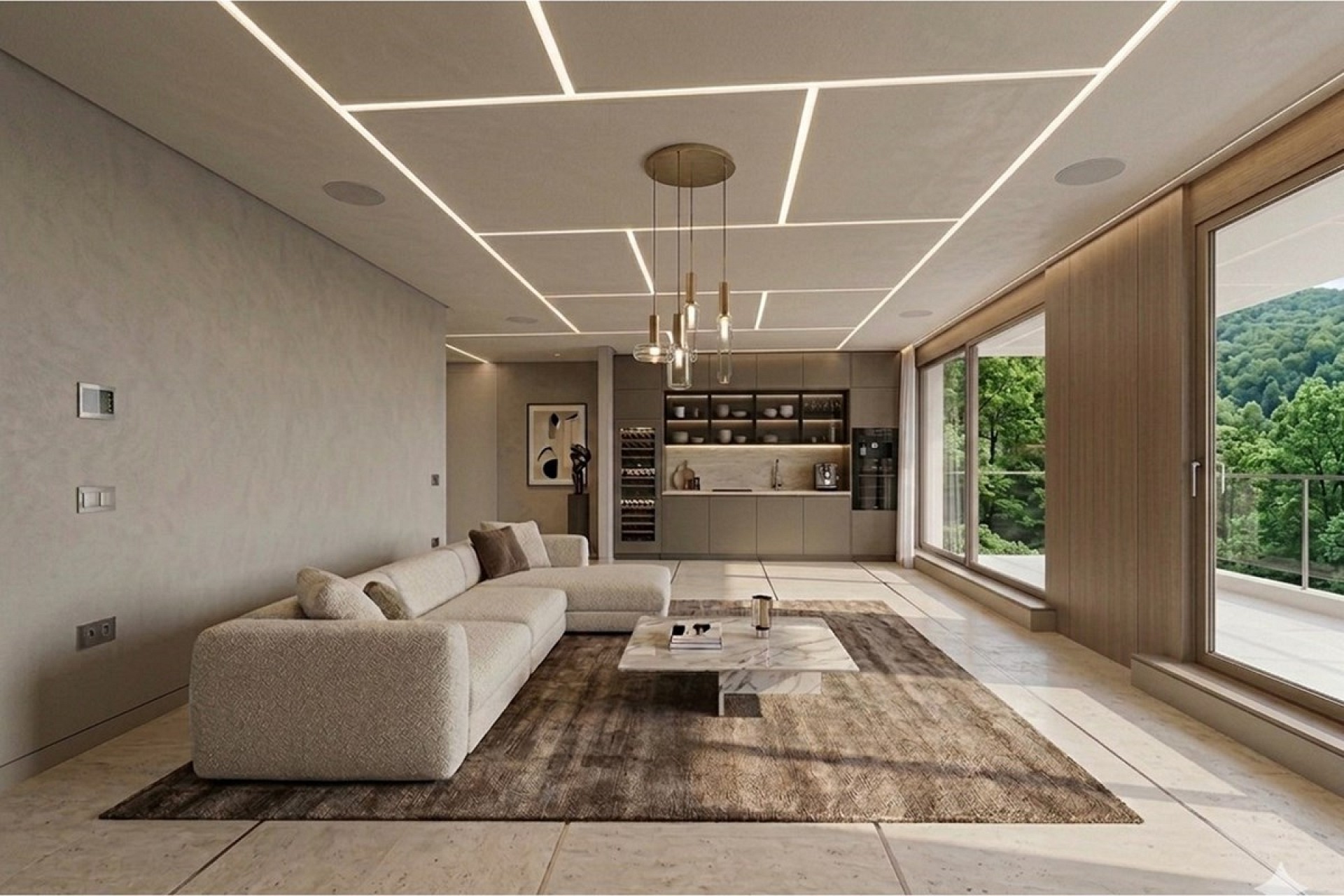 Modernes Wohnzimmer mit offener Küche und Panoramafenstern