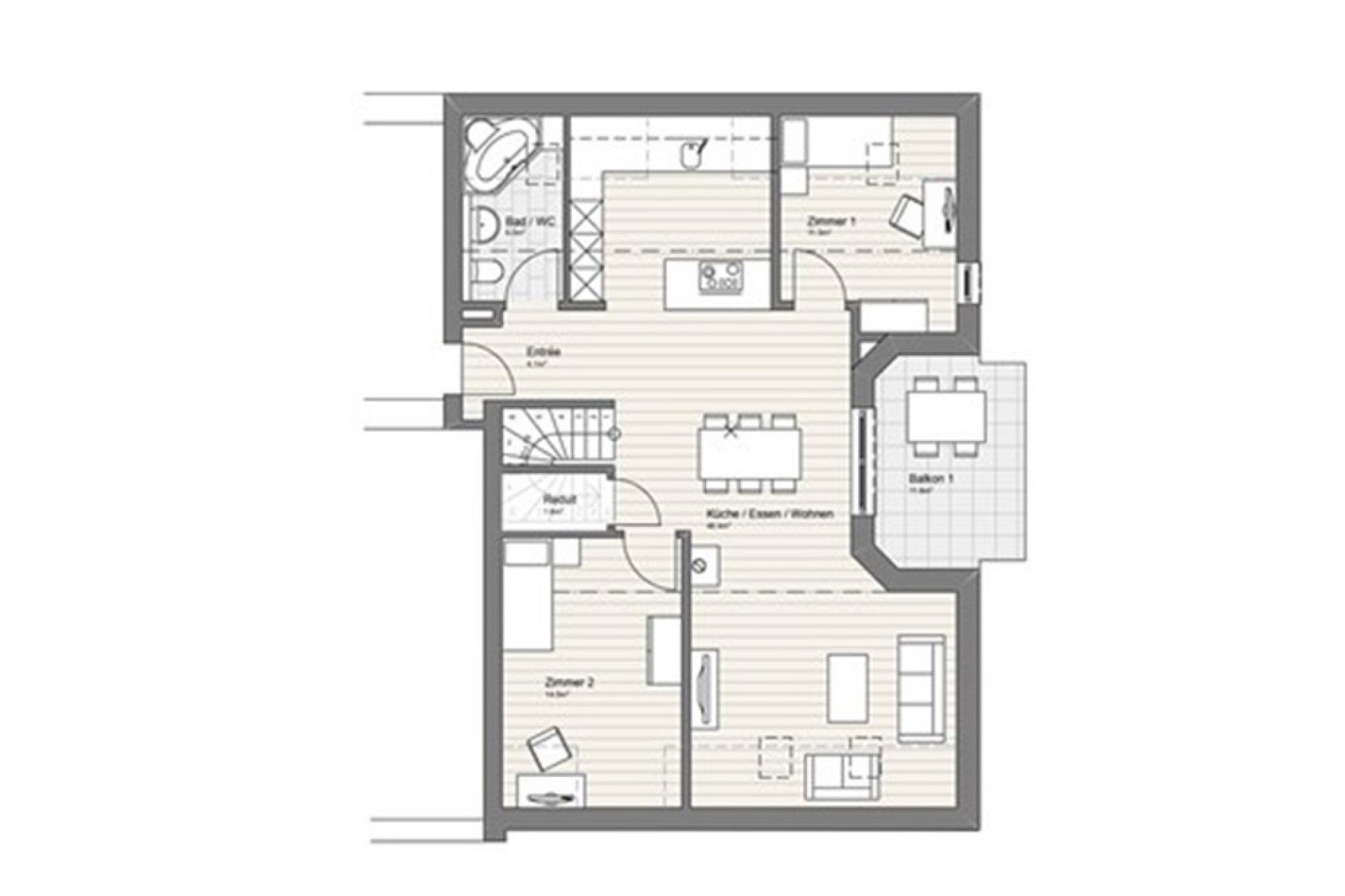 Grundriss einer Etage mit Balkon und mehreren Zimmern