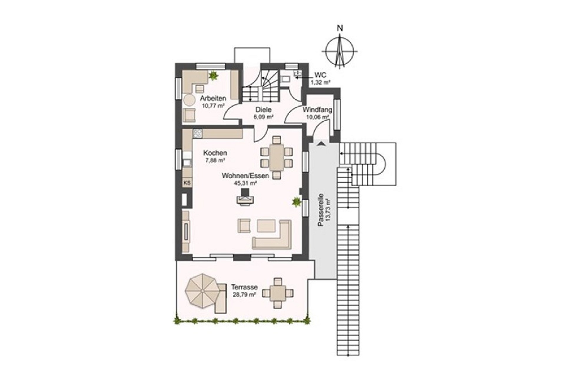 Grundriss mit Terrasse und Passerelle
