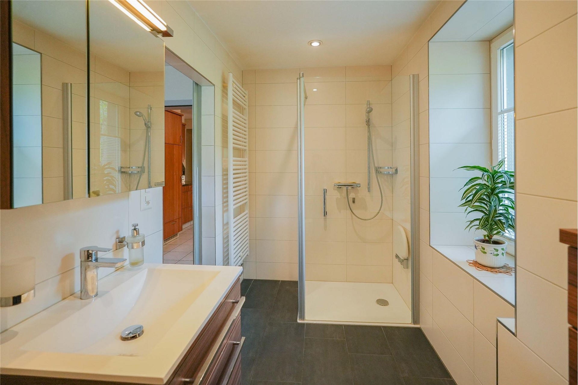 Modernes Badezimmer mit Dusche und Waschtisch