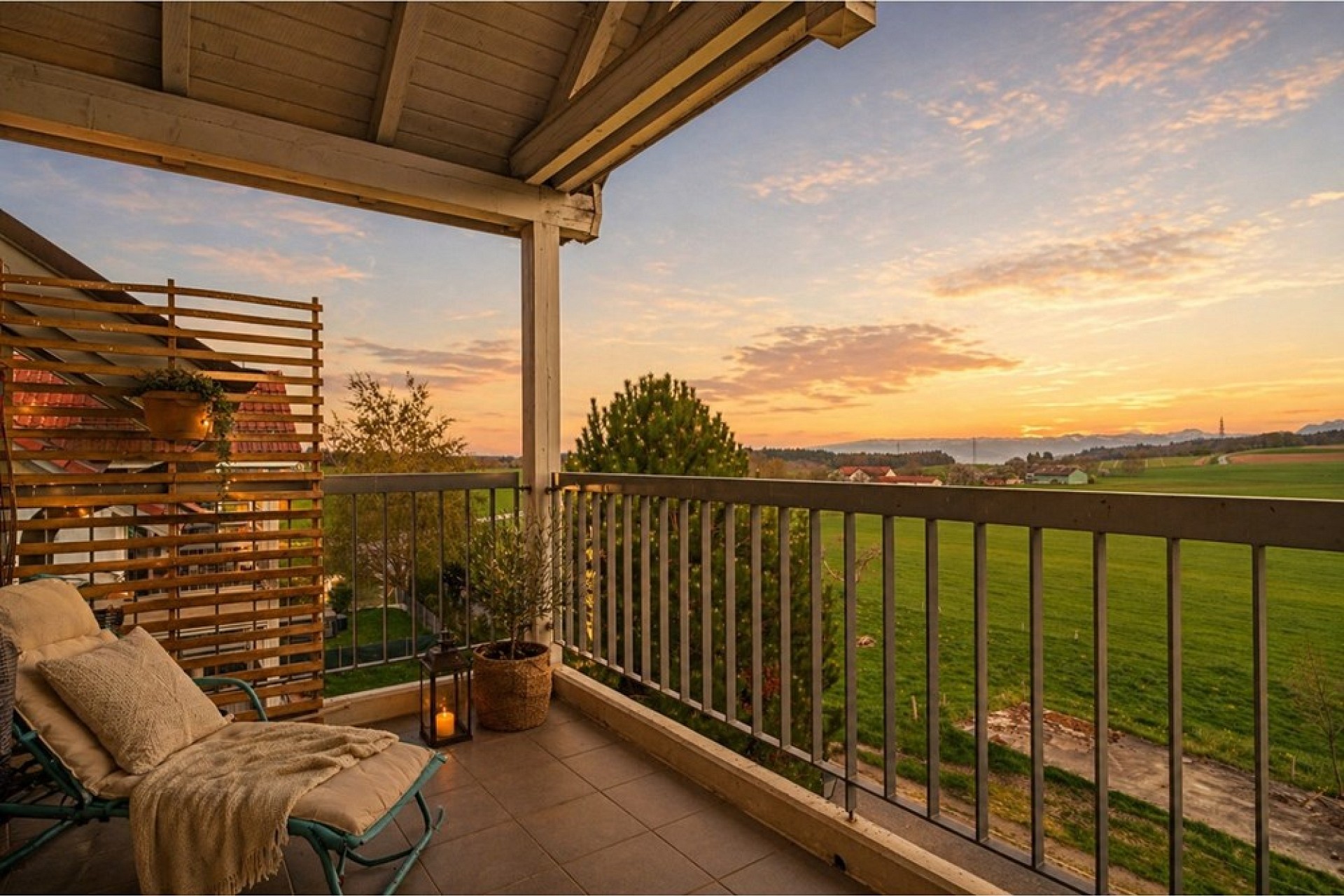 Balkon mit Landschaftsblick bei Sonnenuntergang