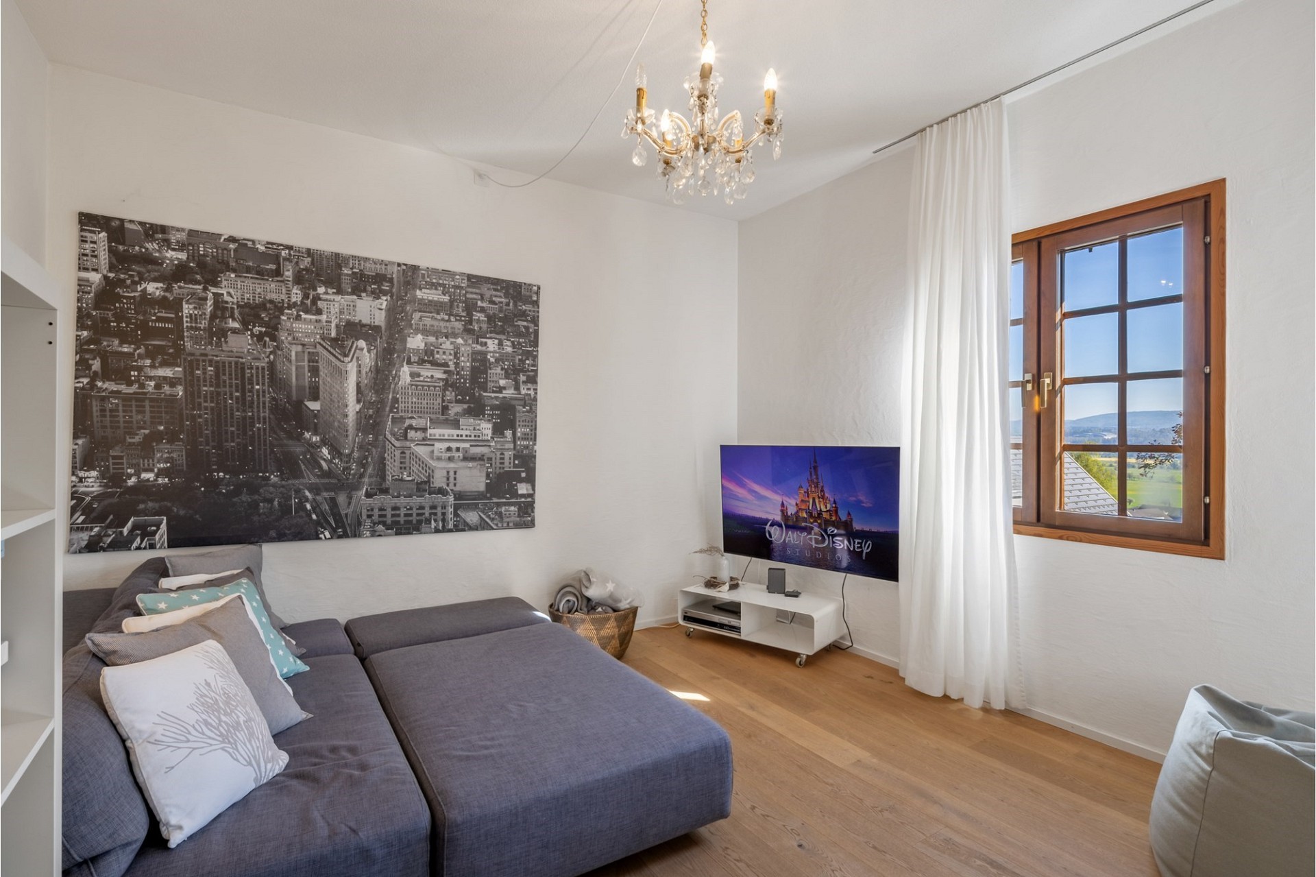 Heller Wohnraum mit Sofa, TV und Fensterblick