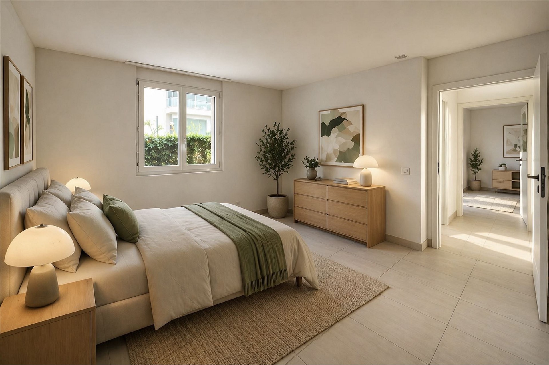 Helles, minimalistisches Schlafzimmer mit Blick in den Flur