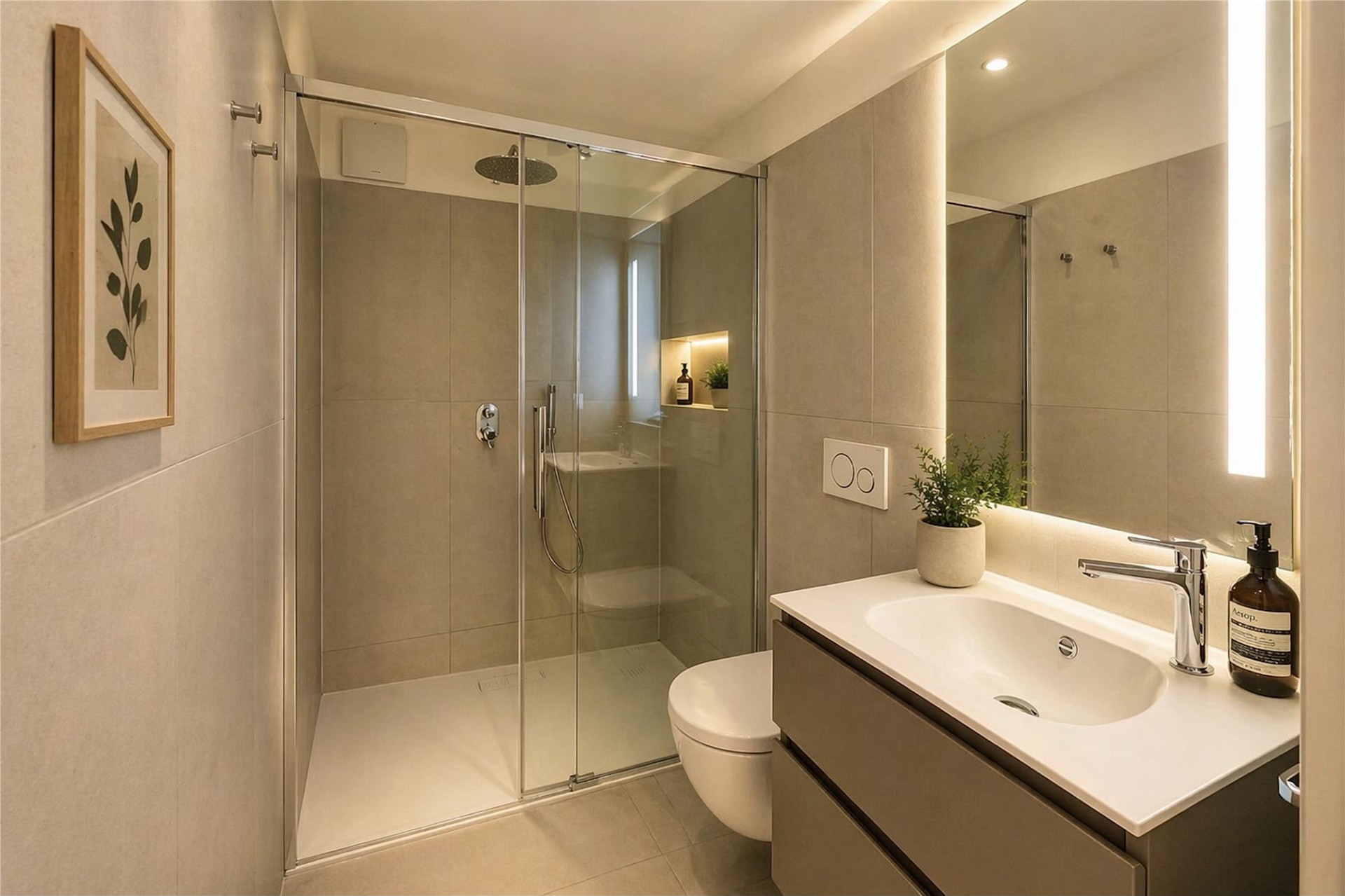 Modernes Badezimmer mit Glasdusche und Waschtisch