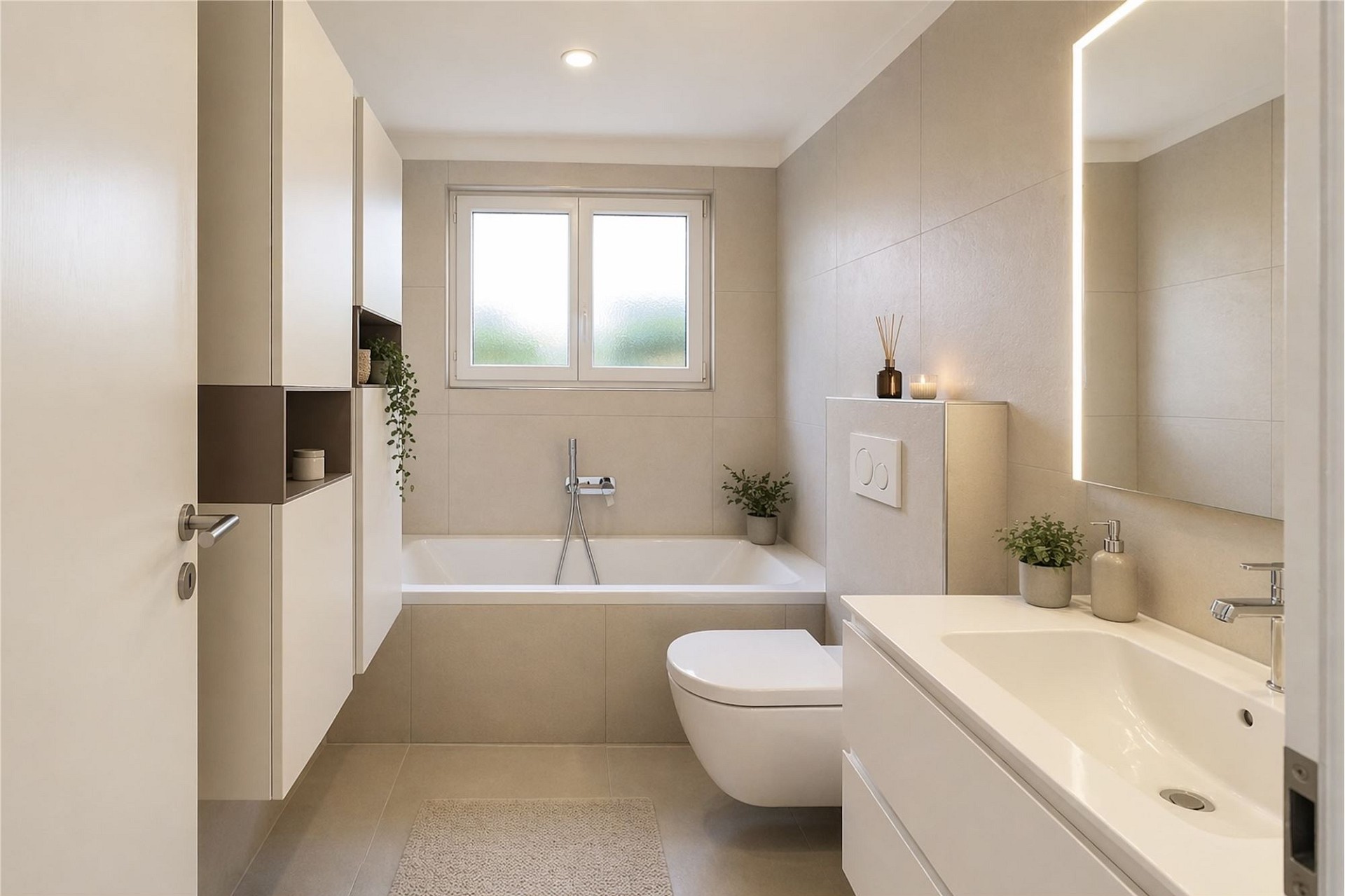 Modernes Badezimmer mit Badewanne, Waschtisch und wandhängendem WC